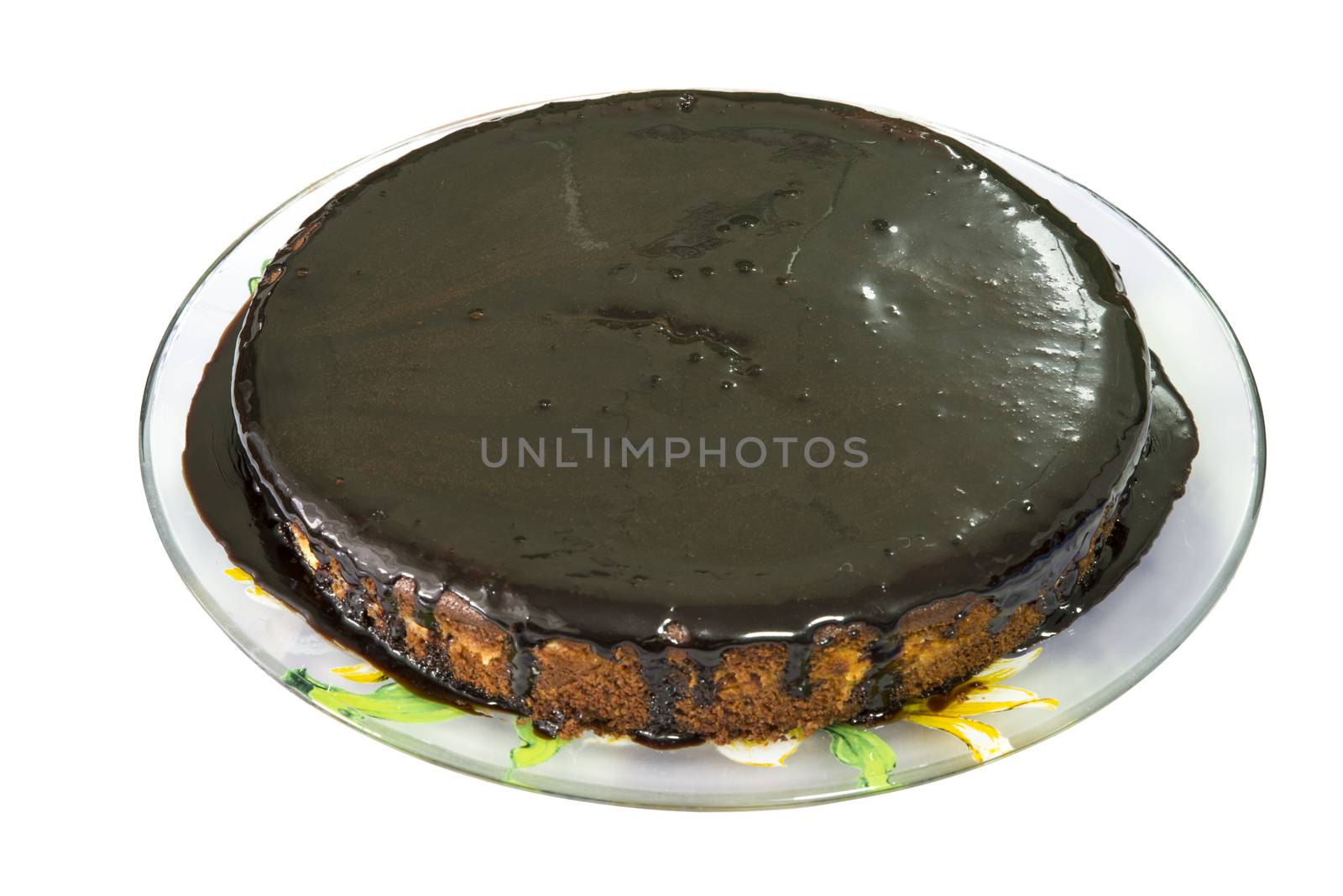 Close image of round chocolate pie isolated