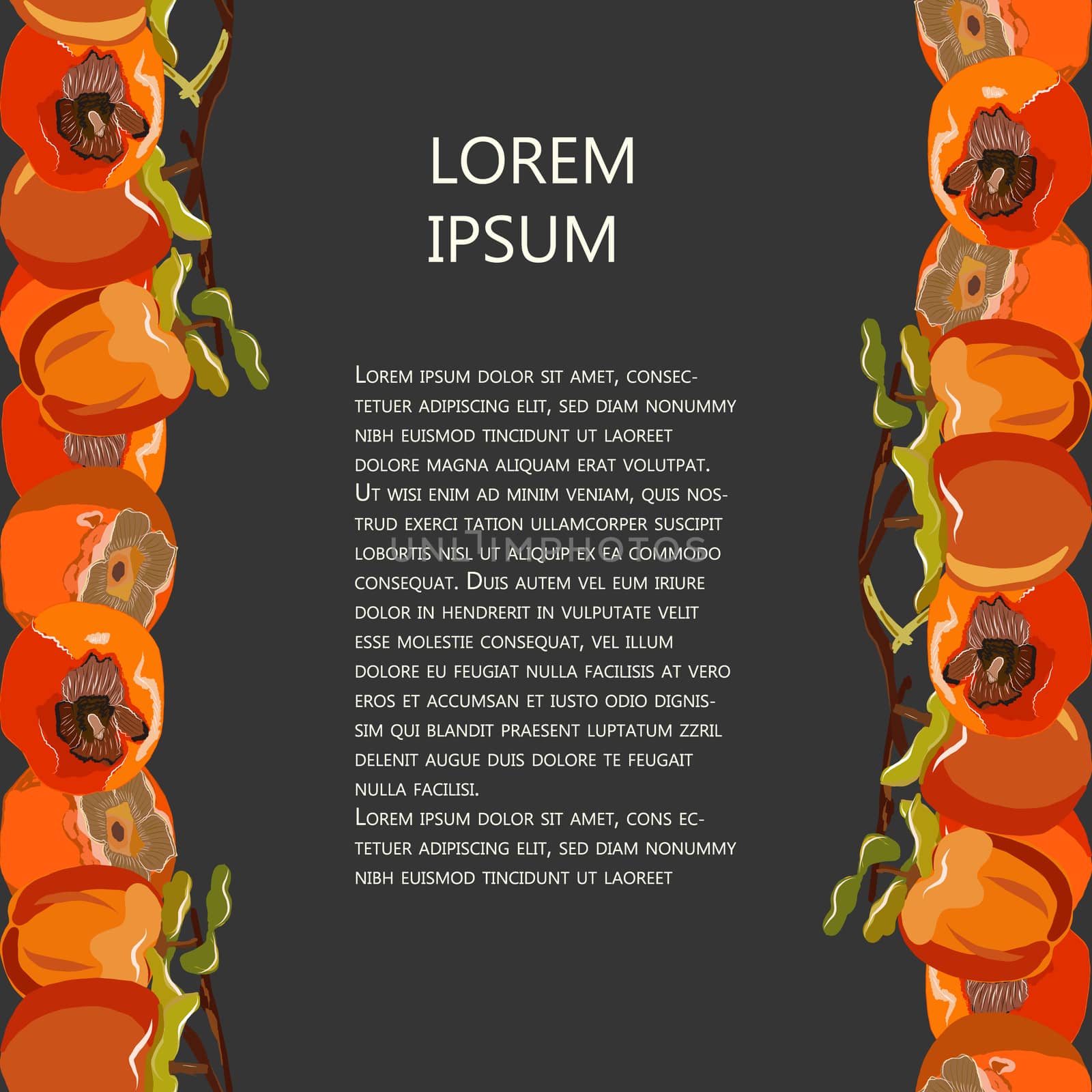 Vertical seamless sharon fruit border with copy space vector illustration. Orange persimmon set for design, banner, menu, poster.