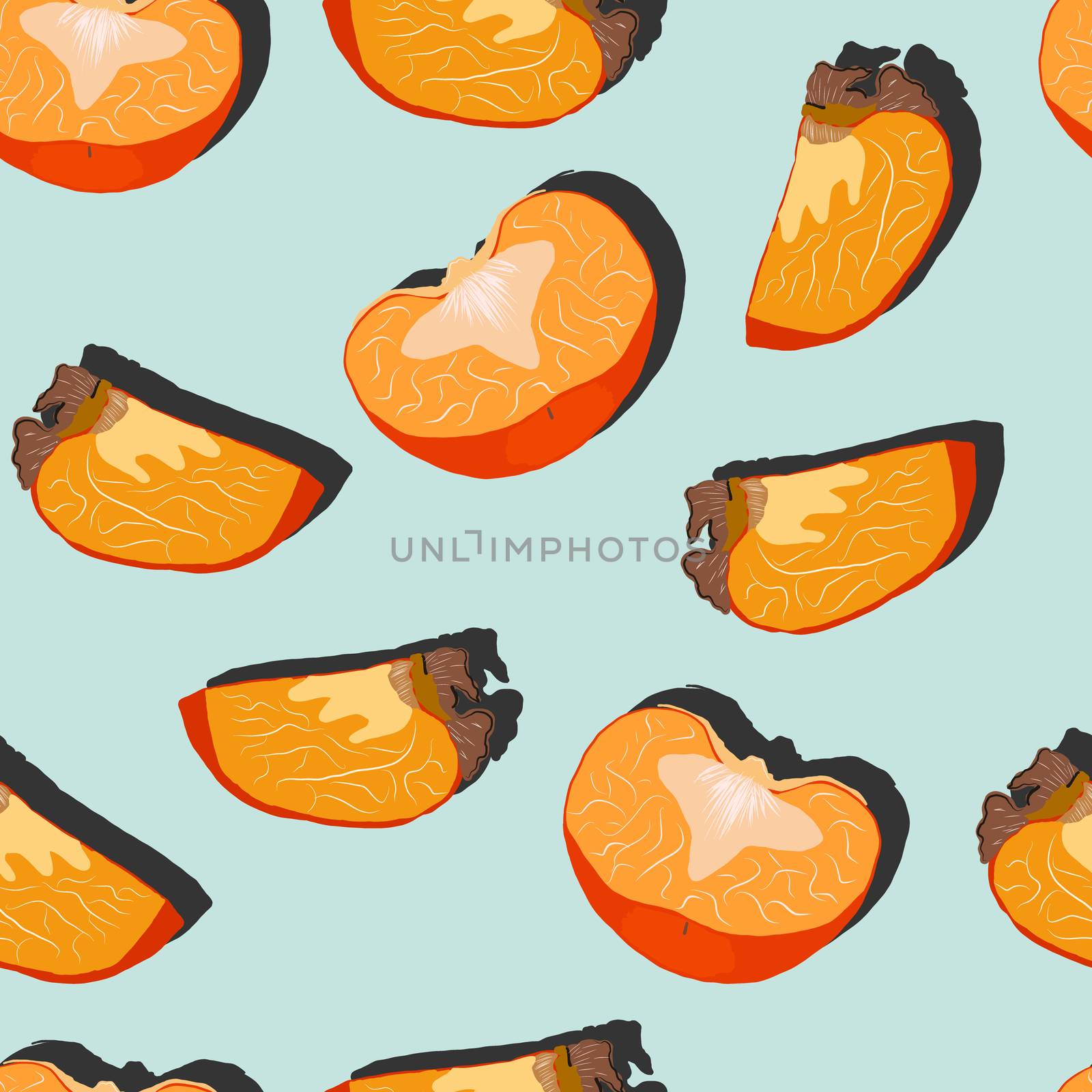Persimmon slices with shadow pop art seamless pattern on a turquoise background. by Nata_Prando