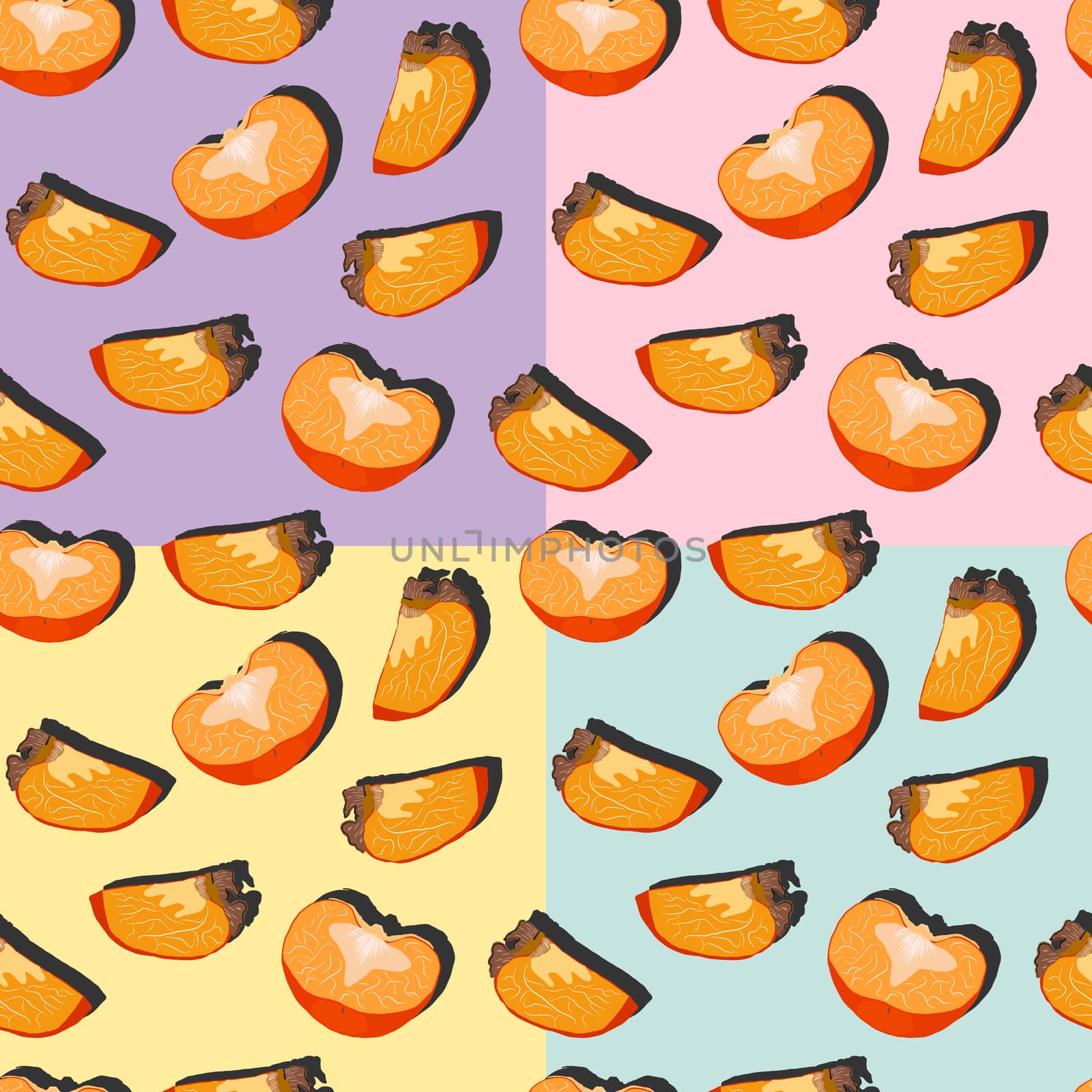 Set of four persimmon slices with shadow pop art seamless patterns on a turquoise, pink, lilac and yellow background. Pattern vector illustration, design for wallpapers, fabrics, textiles, packaging.