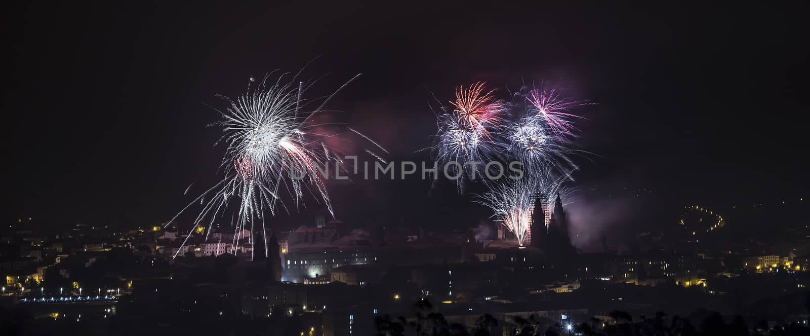 Fireworks in Santiago de Compostela, Spain, on July 25th, the day of the Apostle Saint James, patron saint of Galicia