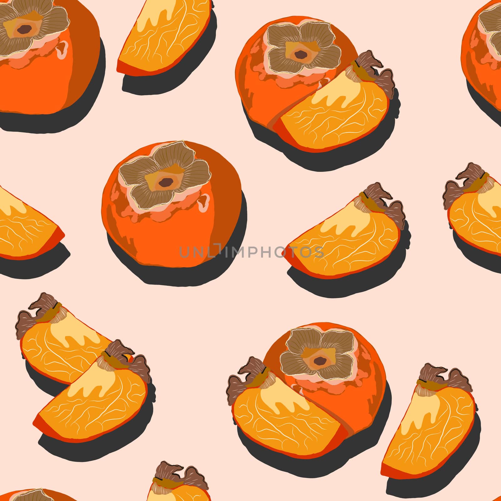 Persimmon whole and slices with shadow pop art seamless pattern on a pink background. by Nata_Prando