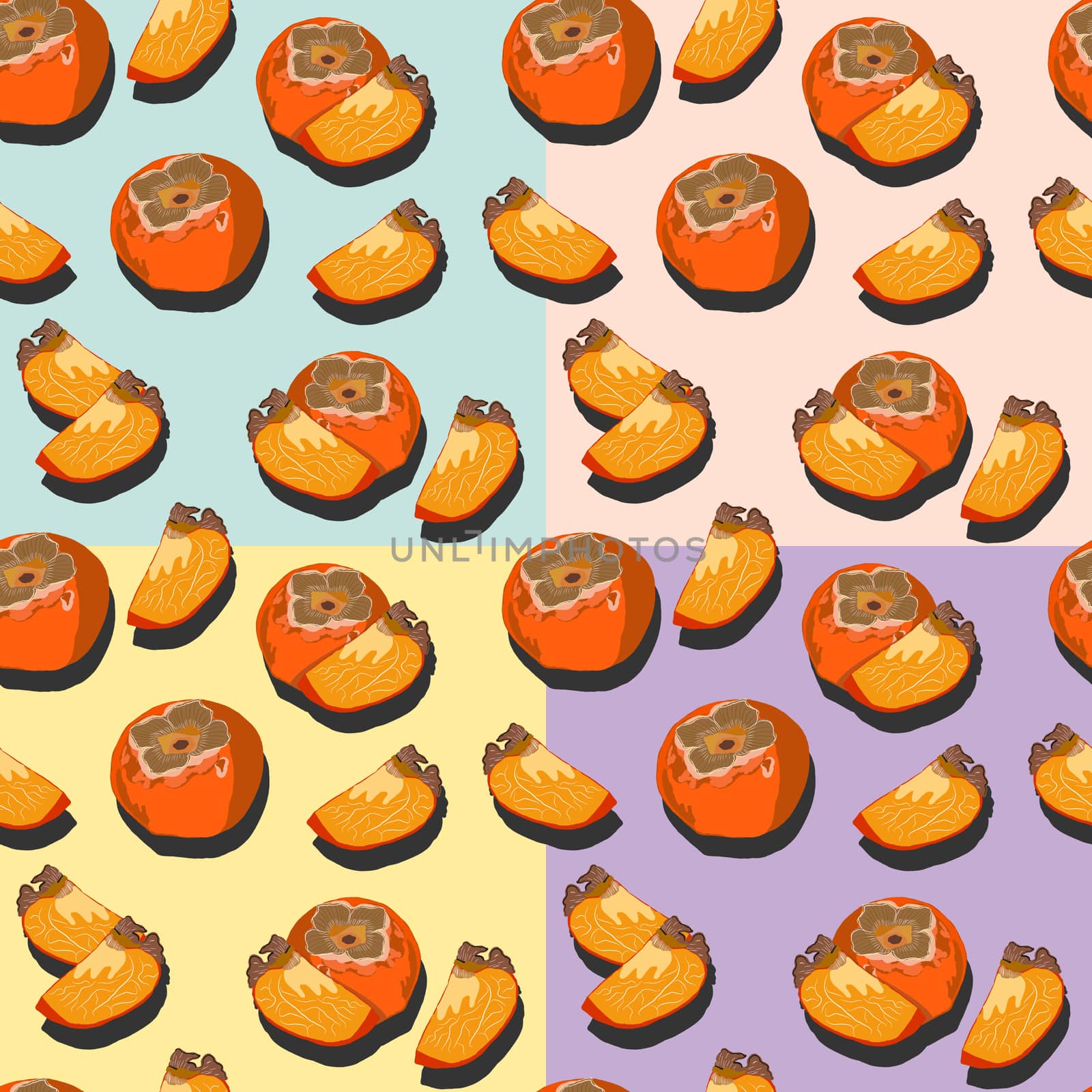 Persimmon whole and slices with shadow pop art seamless pattern on turquoise, pink, purple and yellow background. Sharon fruit pattern vector design for wallpapers, fabrics, textiles, packaging.