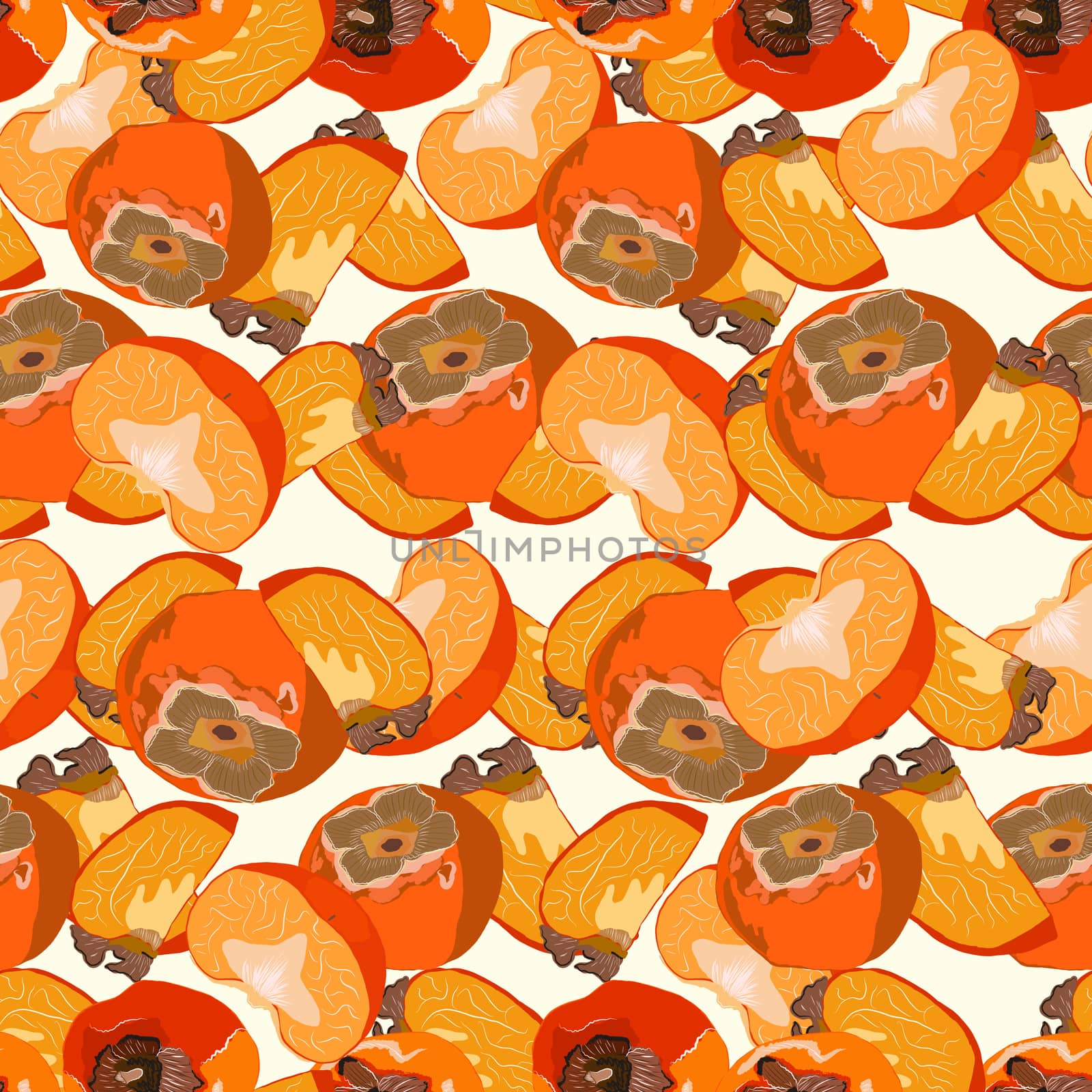 Sliced persimmon seamless pattern on a pastel yellow background. Sharon fruit endless pattern vector illustration, design for wallpapers, fabrics, textiles, packaging.