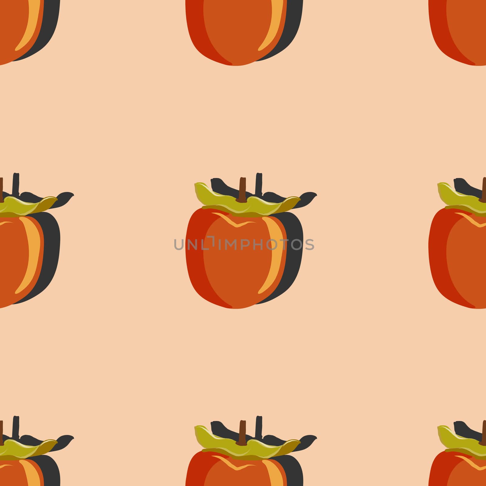 Sharon fruit top view with shadow pop art seamless pattern on a orange background. Persimmon endless pattern vector illustration, design for wallpapers, fabrics, textiles, packaging.