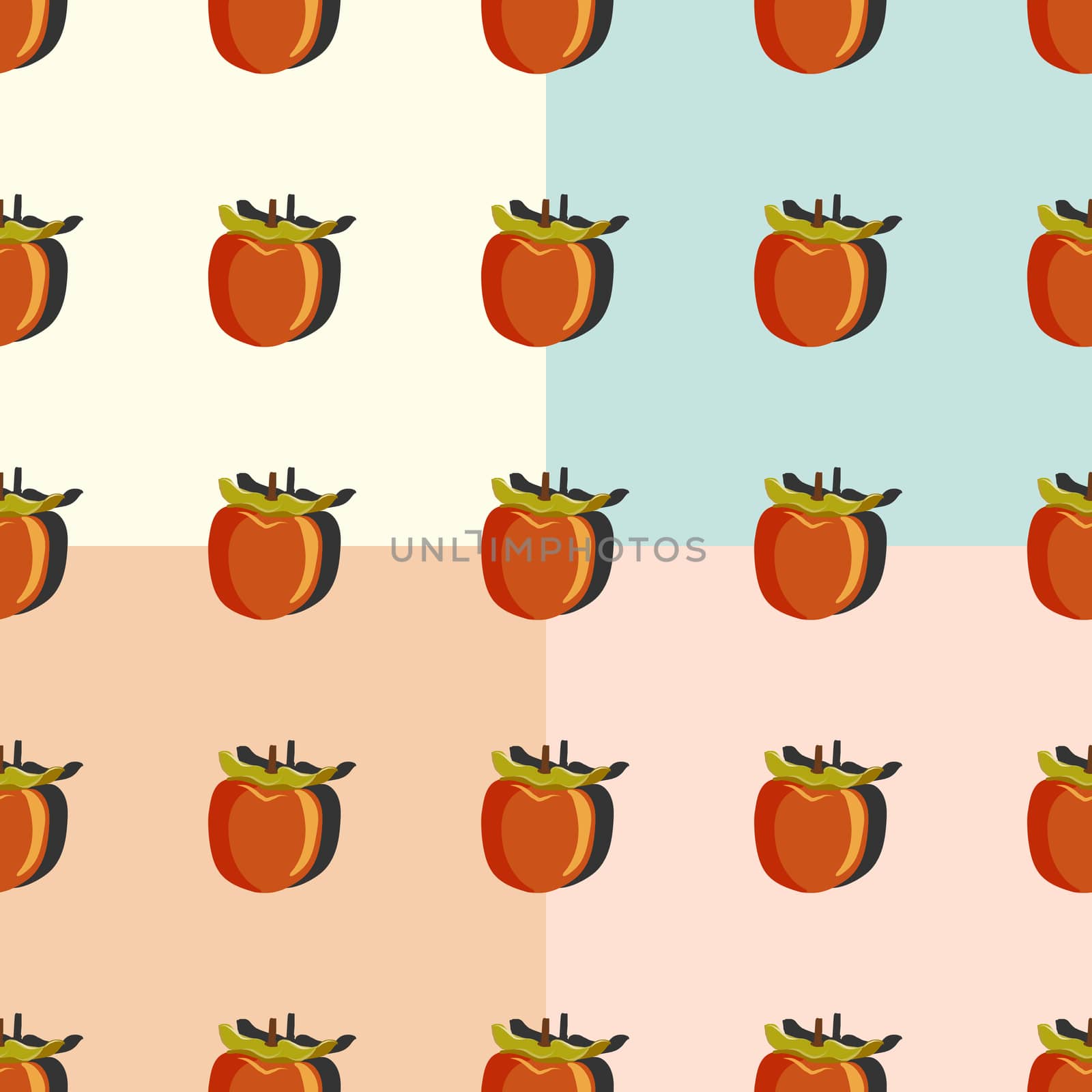 Sharon fruit top view with shadow pop art seamless pattern on pink, orange, beige, turquoise background. Persimmon endless pattern design for wallpapers, fabrics, textiles, packaging.