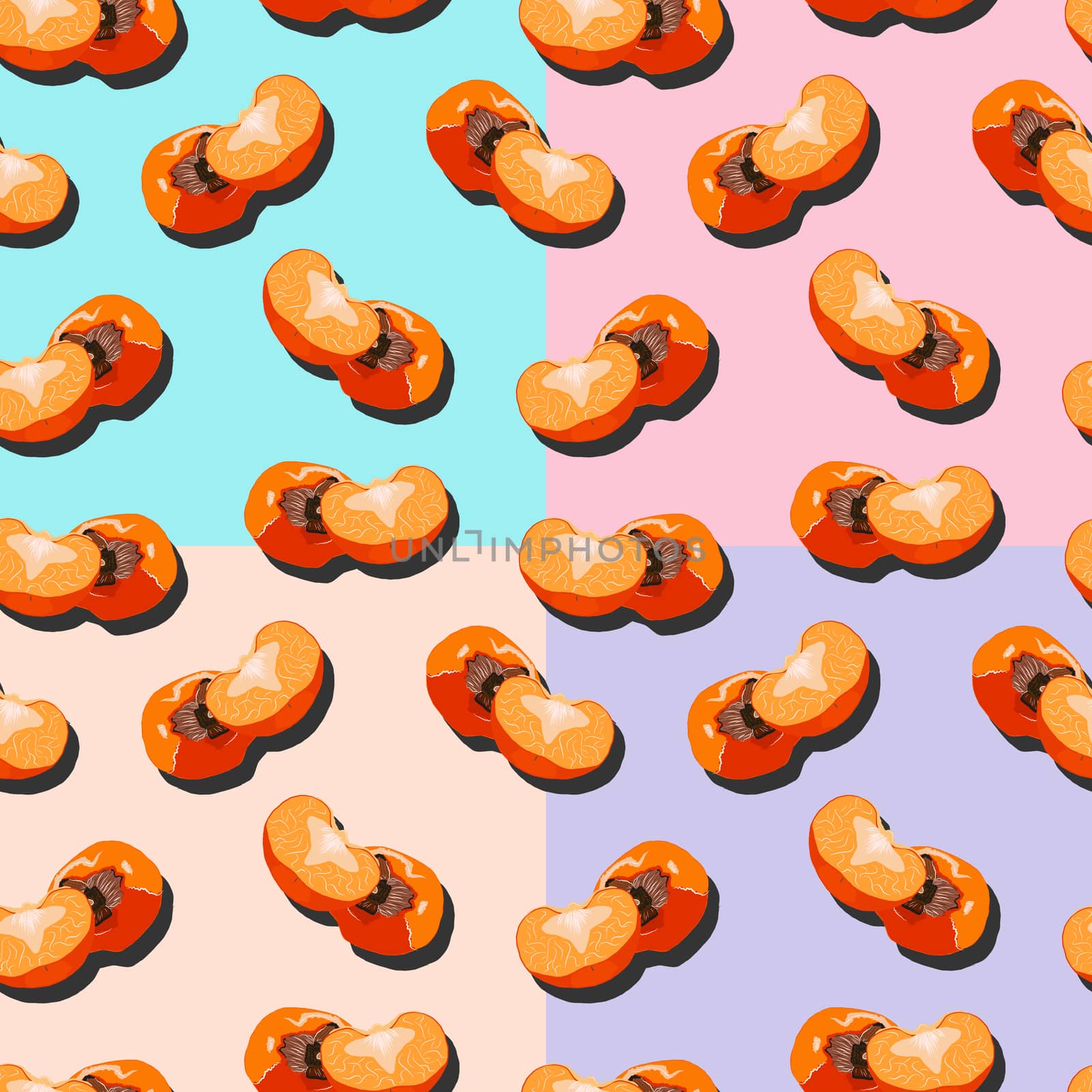 Sharon fruit whole and sliced top view with shadow pop art seamless pattern on turquoise, pink, purple and yellow background. Persimmon endless design for wallpapers, fabrics, textiles, packaging.