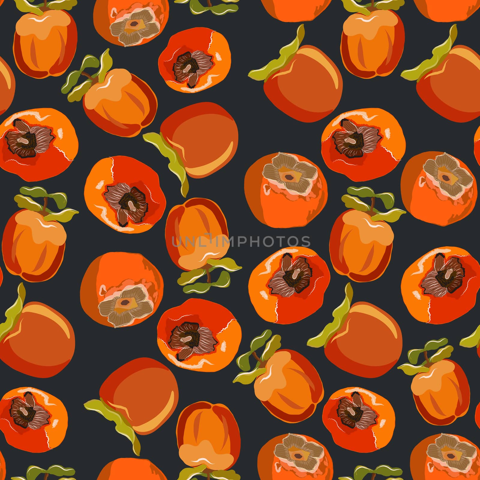 Persimmon whole seamless pattern on a blacck background. Sharon fruit endless pattern vector illustration, design for wallpapers, fabrics, textiles, packaging.