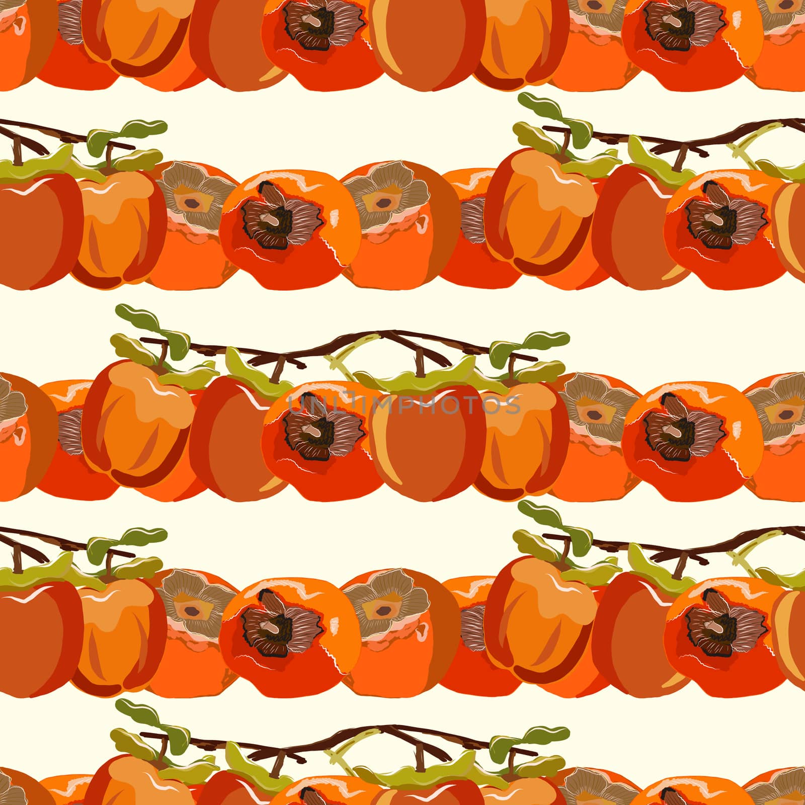 Persimmon branches seamless pattern on a beige background. Sharon fruit endless pattern vector illustration, design for wallpapers, fabrics, textiles, packaging.