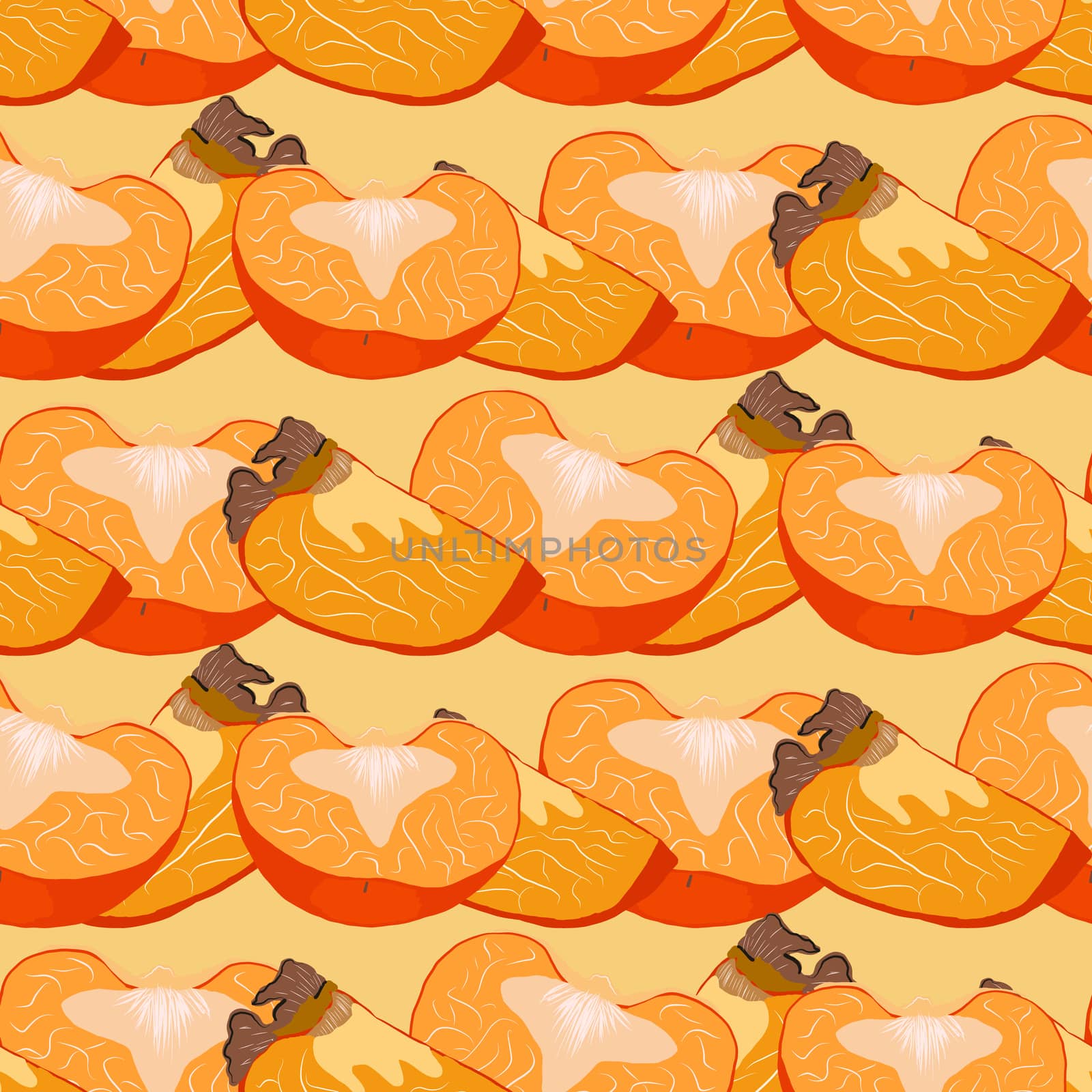 Persimmon whole and cut seamless pattern on a yellow background. Juicy fruit endless pattern vector illustration, design for wallpapers, fabrics, textiles, packaging.