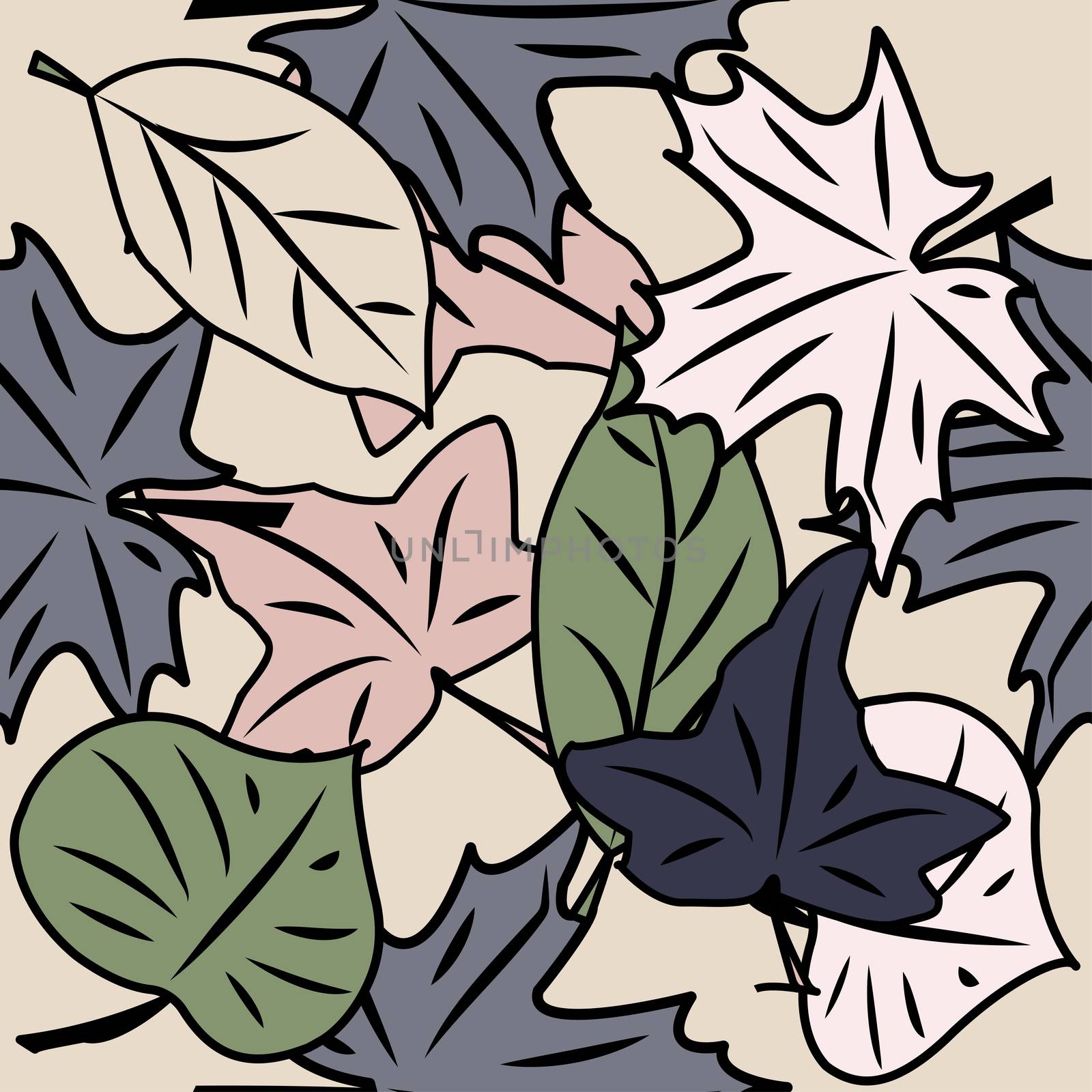 seamless pattern with leaves and flowers doodling style by eskimos