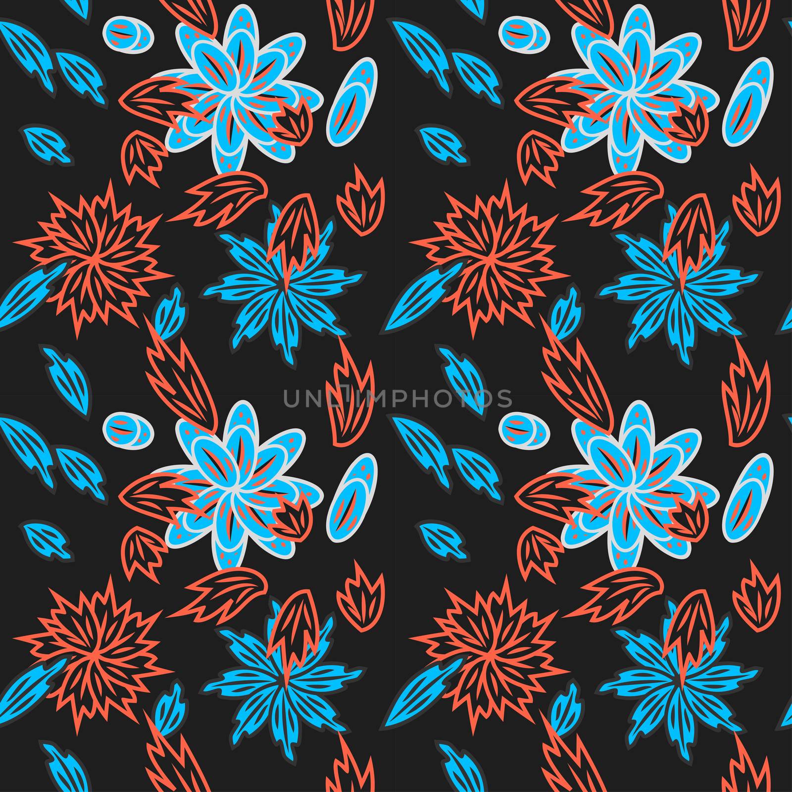 Magic seamless pattern with abstract flowers and feathers.