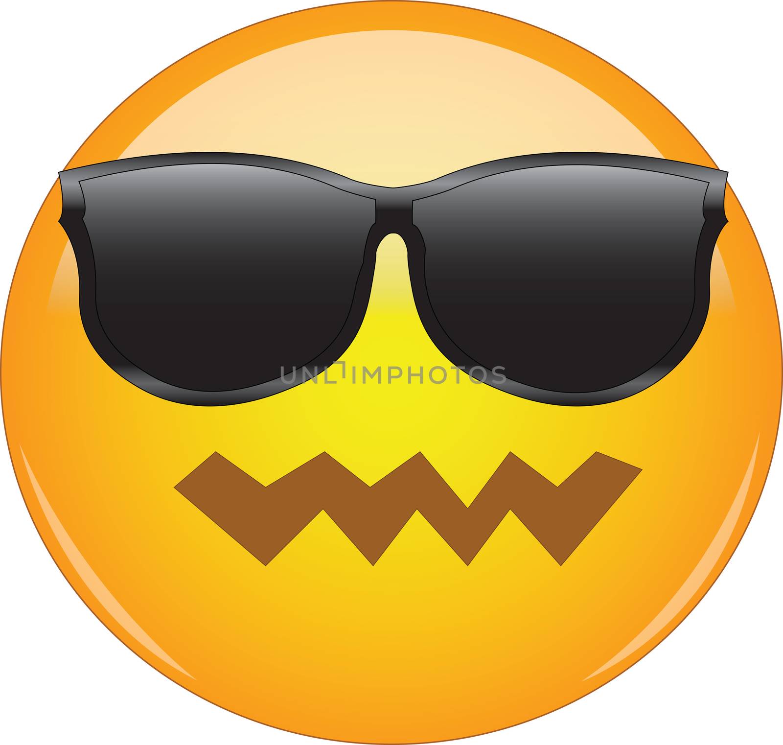 Cool yet confused emoji. Yellow face emoticon with pwnd face expression and sunglasses looking awesome. Expression of being awesome, cool, yet confused, crushed, depressed, disappointed or sad.