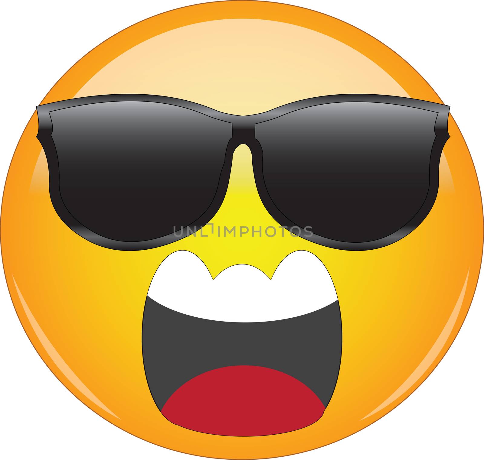 Cool emoji screaming in anger. Yellow face emoticon wearing sunglasses and screaming in anger with wide open mouth showing upper teeth. Expression of anger, fear, rage.