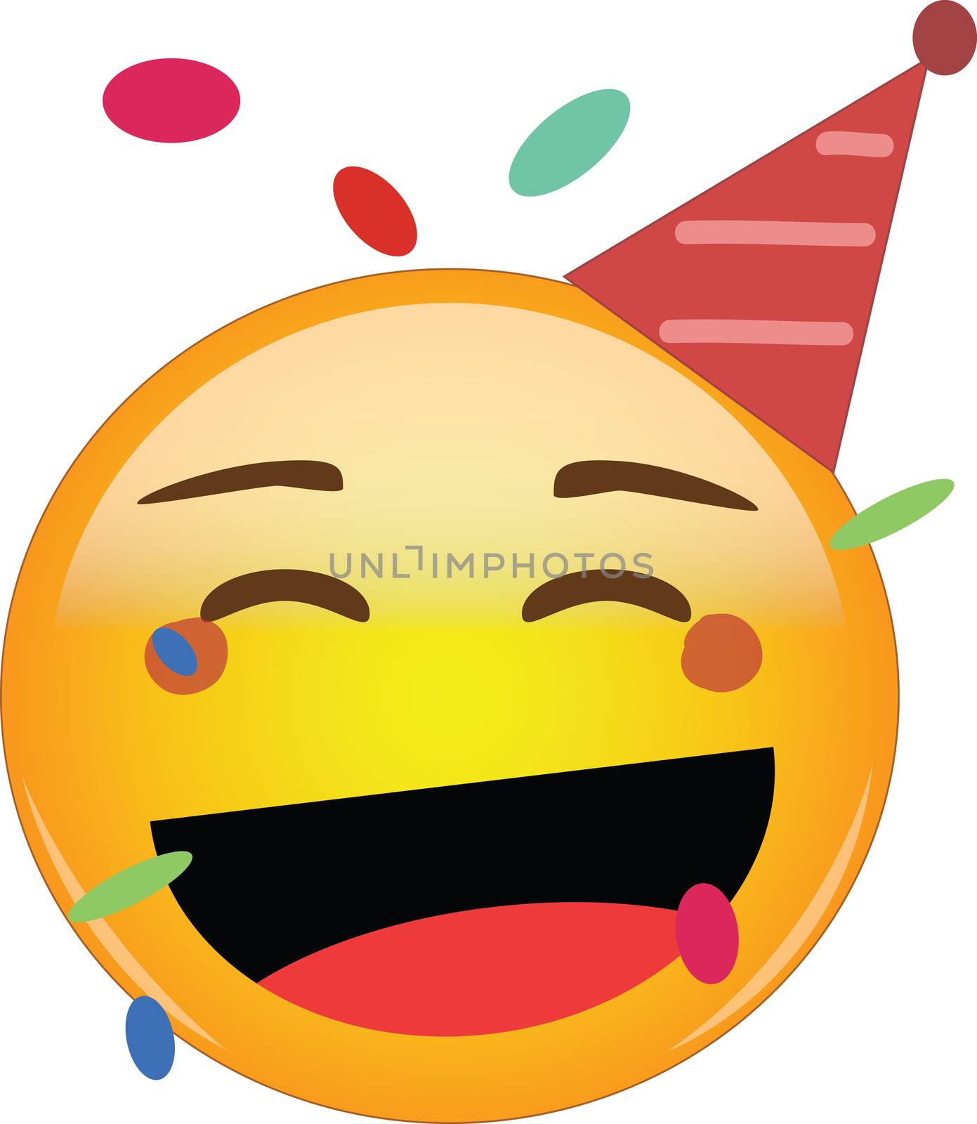 Happy party emoji celebrating birthday in a red hat and confetti flying around! Yellow face with a red party hat, broad smile as if laughing and confetti floats around its head. Happiness and carefree