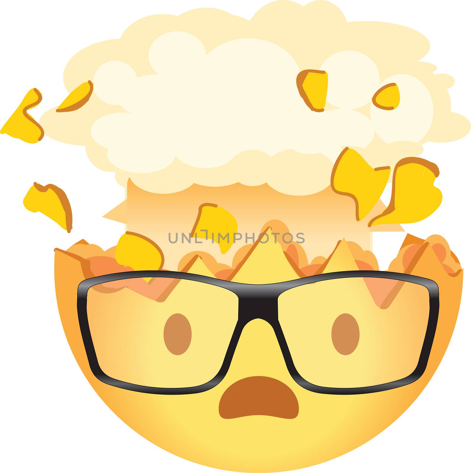 Shocked emoji wearing glasses. Exploding head nerd emoticon. Yellow face with an open mouth, wearing glasses and the top of its head exploding in the shape of a brain-like mushroom cloud.