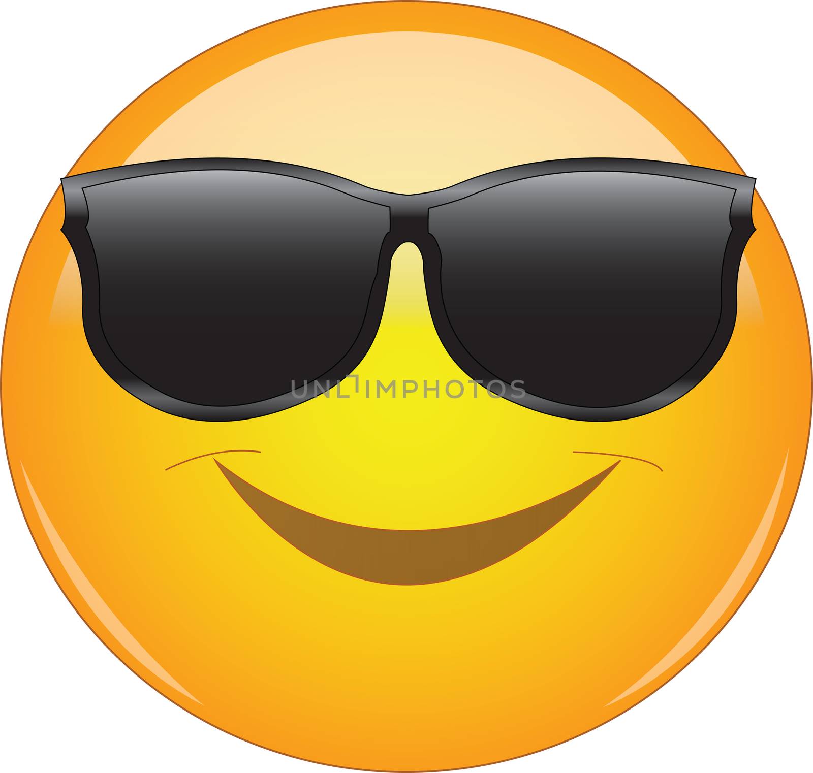 Cool emoji in shades. Yellow smiling face emoticon wearing sunglasses. Expression of being cool, happy, smiling.