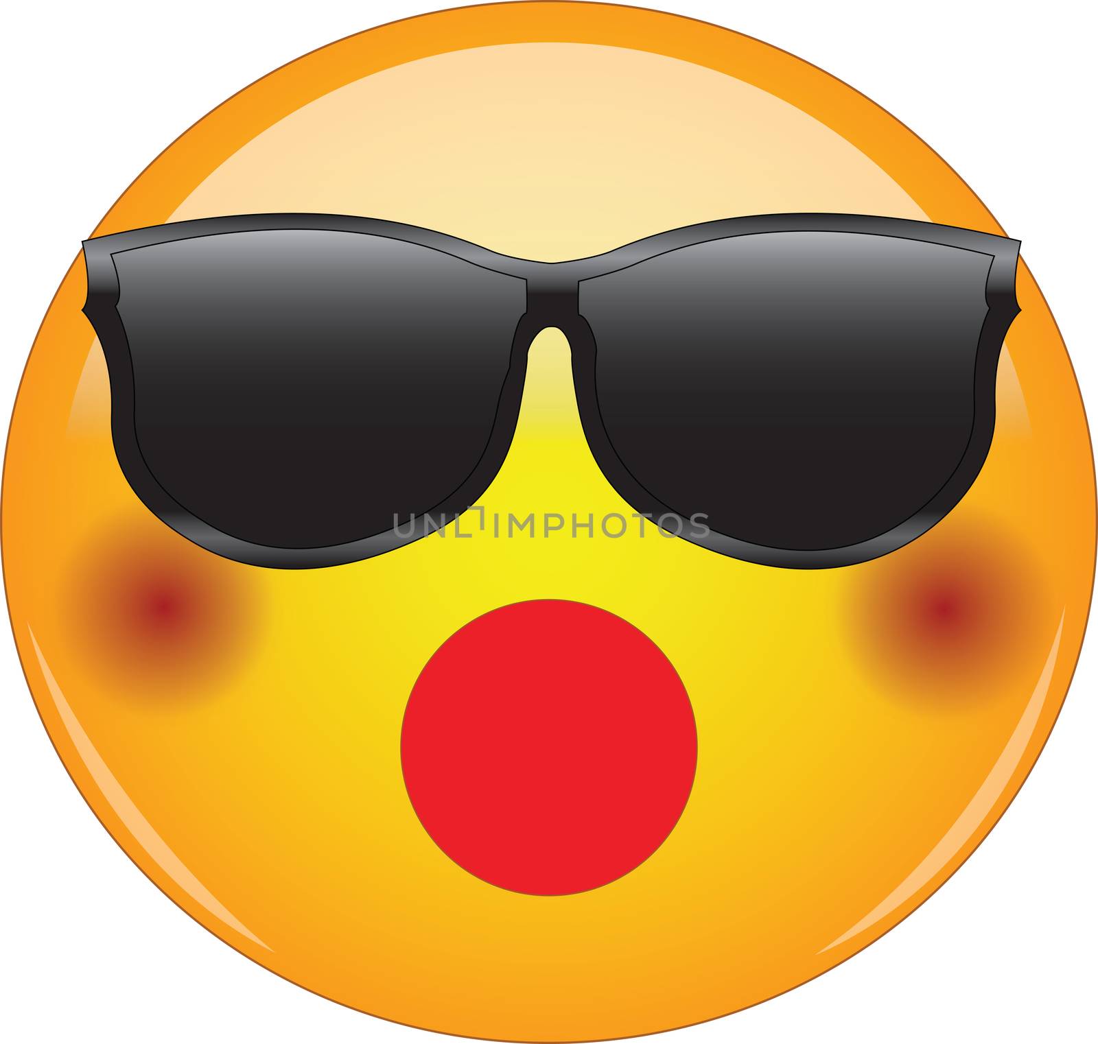 Awesome shocked emoji in sunglasses. Cool yellow face emoticon wearing shades and having blushing cheeks and mouth wide open, as if surprised or shocked. Expression of shock, surprise, disbelief.