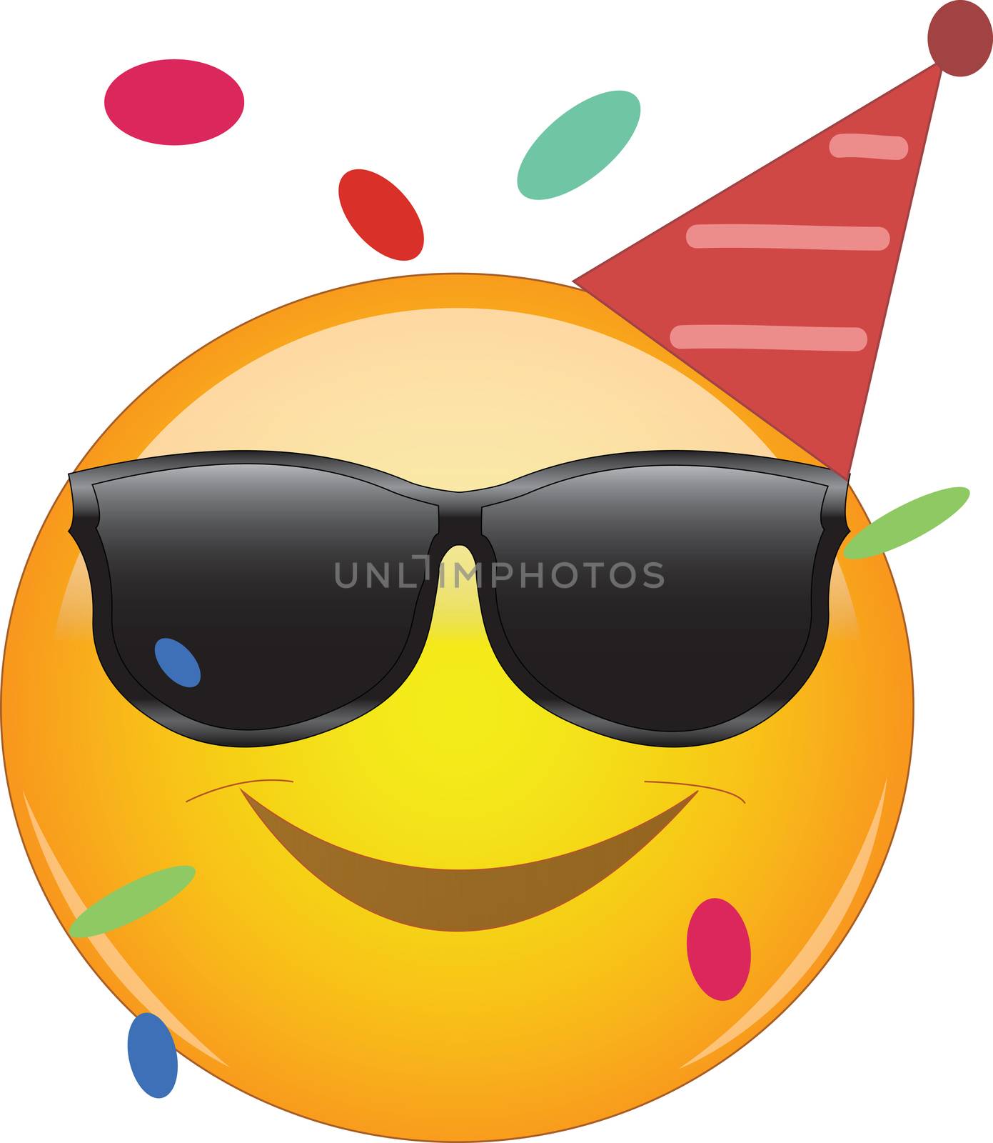 Cool emoji wearing a party hut, sunglasses and confetti flying around. Party emoticon with round yellow face and smiling. Expression of fun, good time, joy, partying and celebrating.