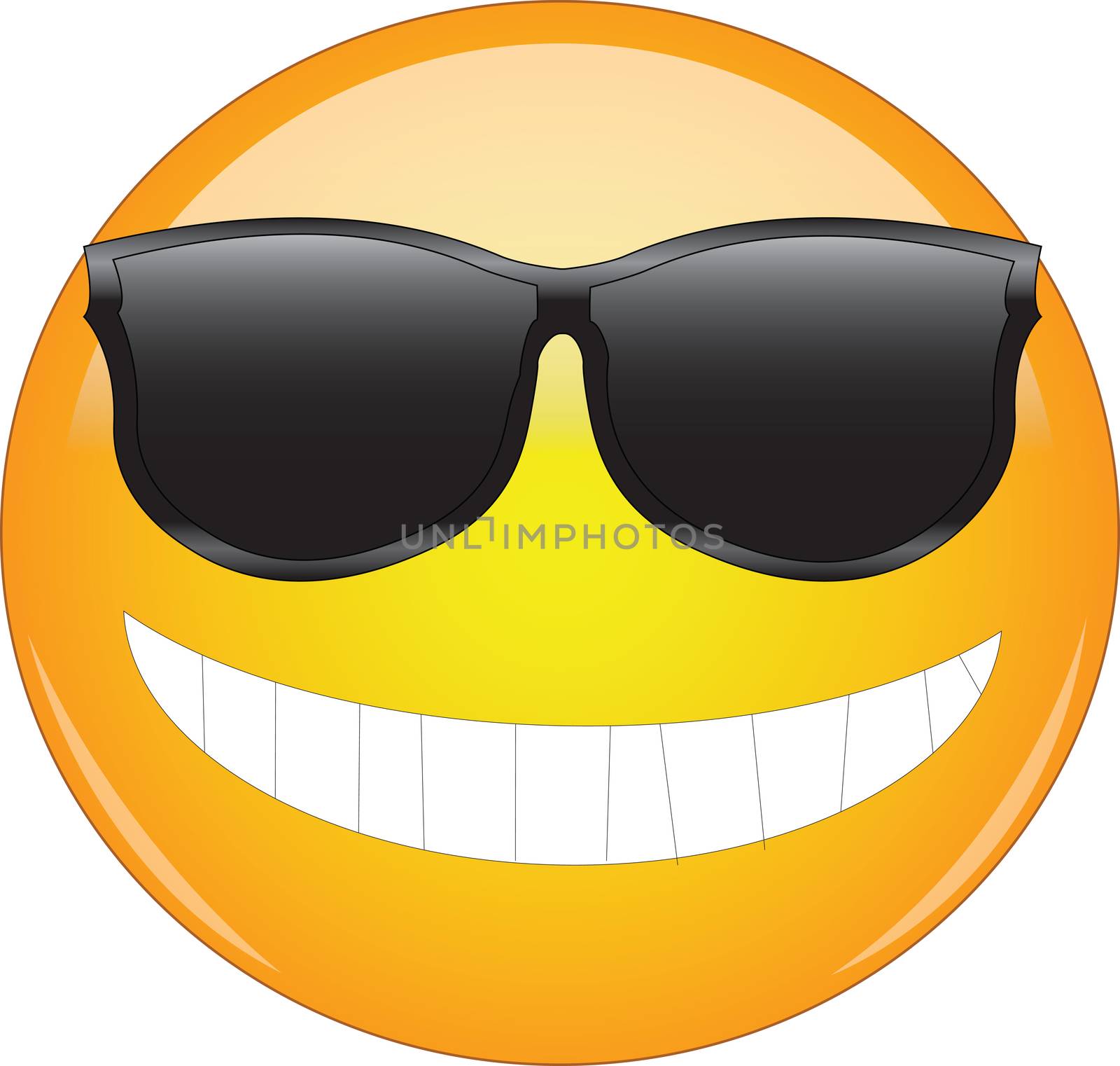 Cool emoji in sunglasses. Yellow smiling face emoticon wearing sunglasses and having wide smile showing all teeth. Expression of being cool, awesome, happy, smiling and enjoying life.