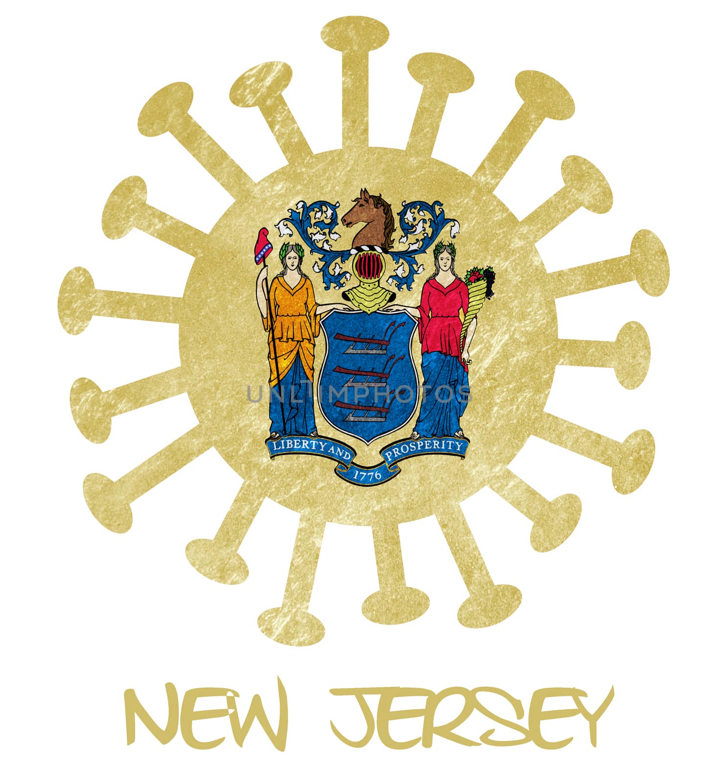 State flag of New Jersey with corona virus or bacteria - Isolated on white