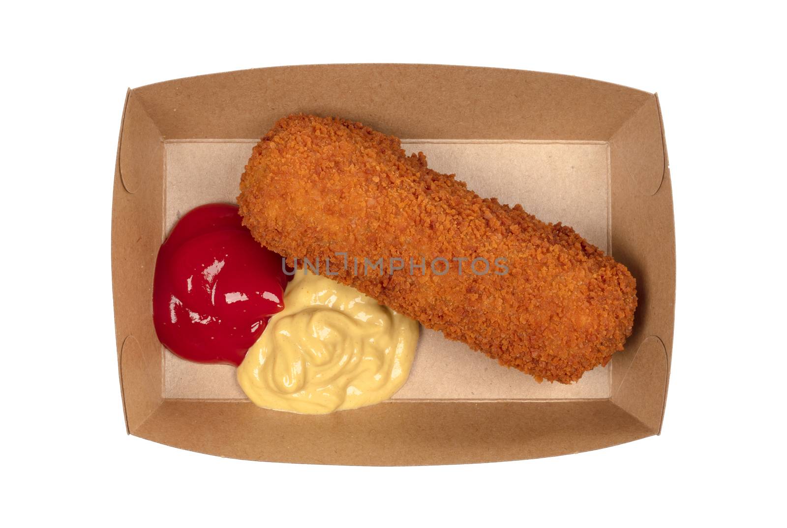 Brown crusty dutch kroket with mustard and ketchup isolated by michaklootwijk