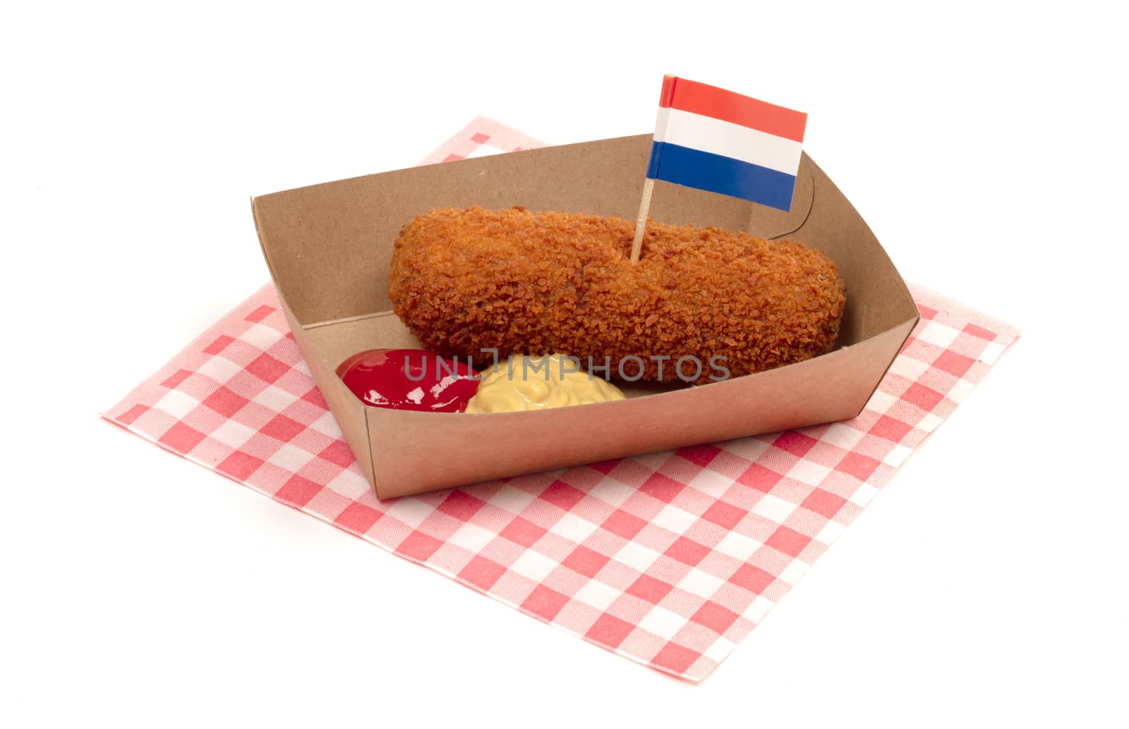 Brown crusty dutch kroket with mustard and ketchup isolated on a white background