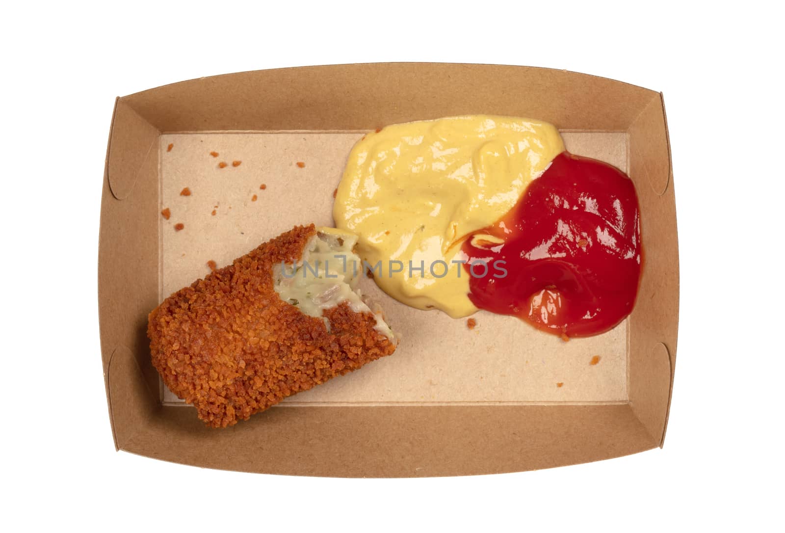 Partly eaten brown crusty dutch kroket with mustard and ketchup  by michaklootwijk