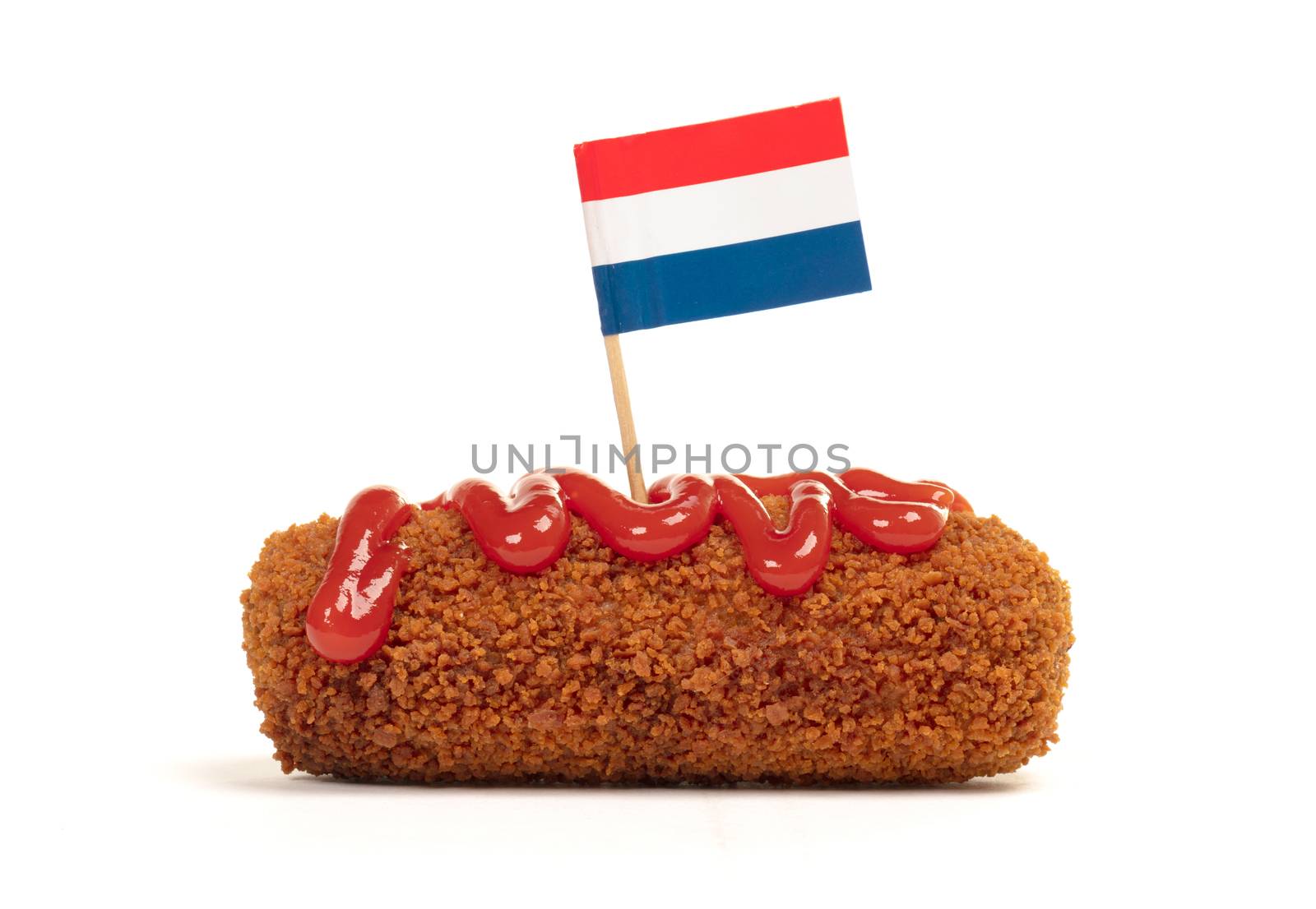 Brown crusty dutch kroket with ketchup topping isolated on a white background