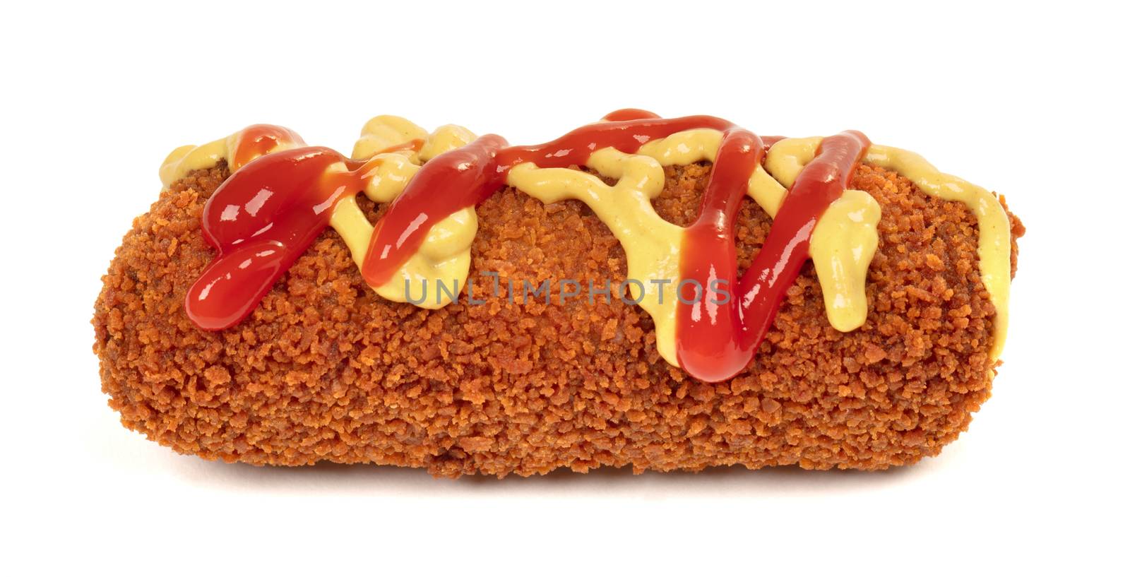 Brown crusty dutch kroket with mustard and ketchup topping isola by michaklootwijk