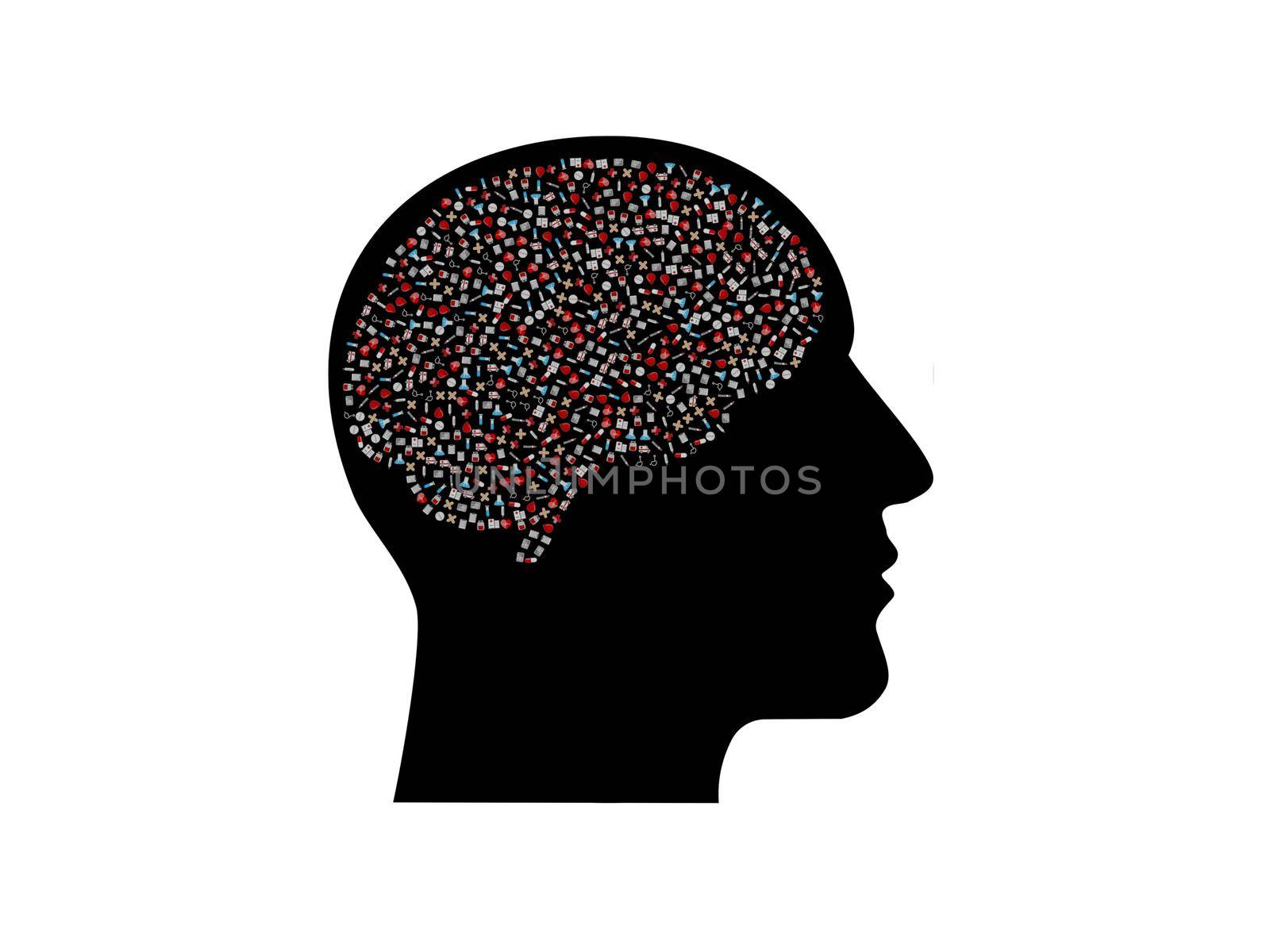 several questions about black the brain on white background - 3d rendering