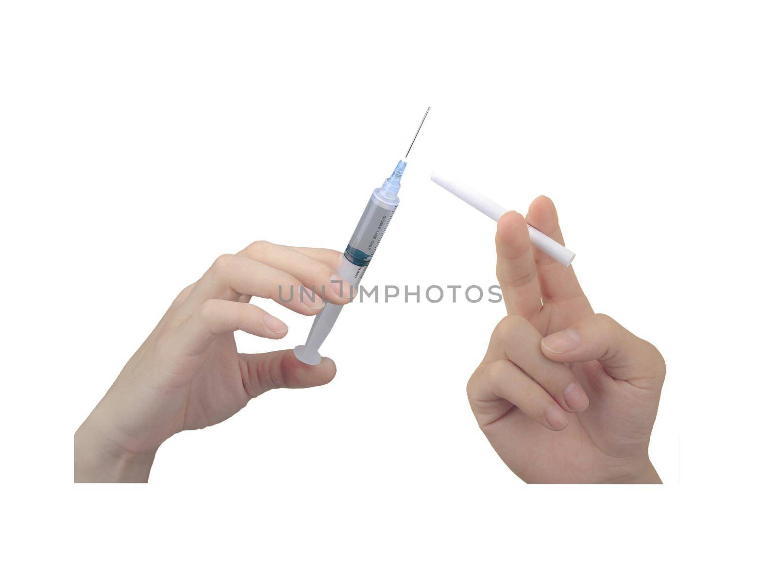 cigarette and drug in two hands on white background - 3d rendering by mariephotos