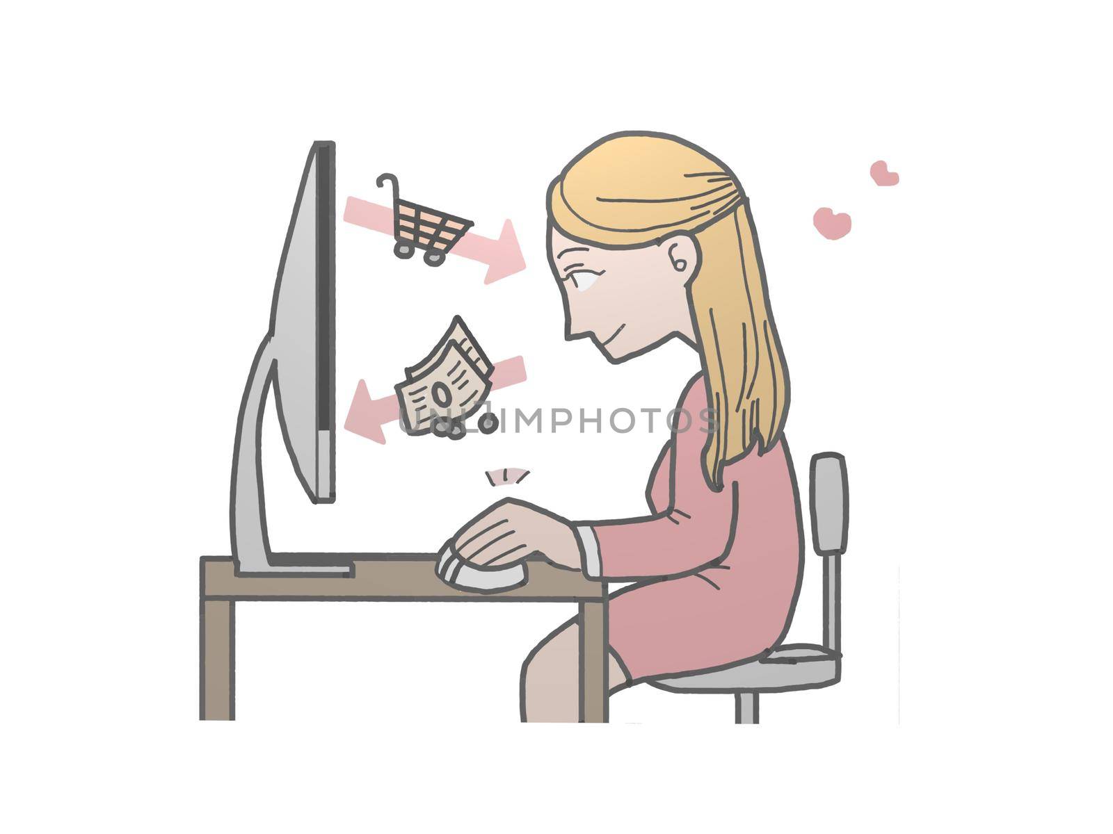 cute pink young girl at her computer - 3d rendering