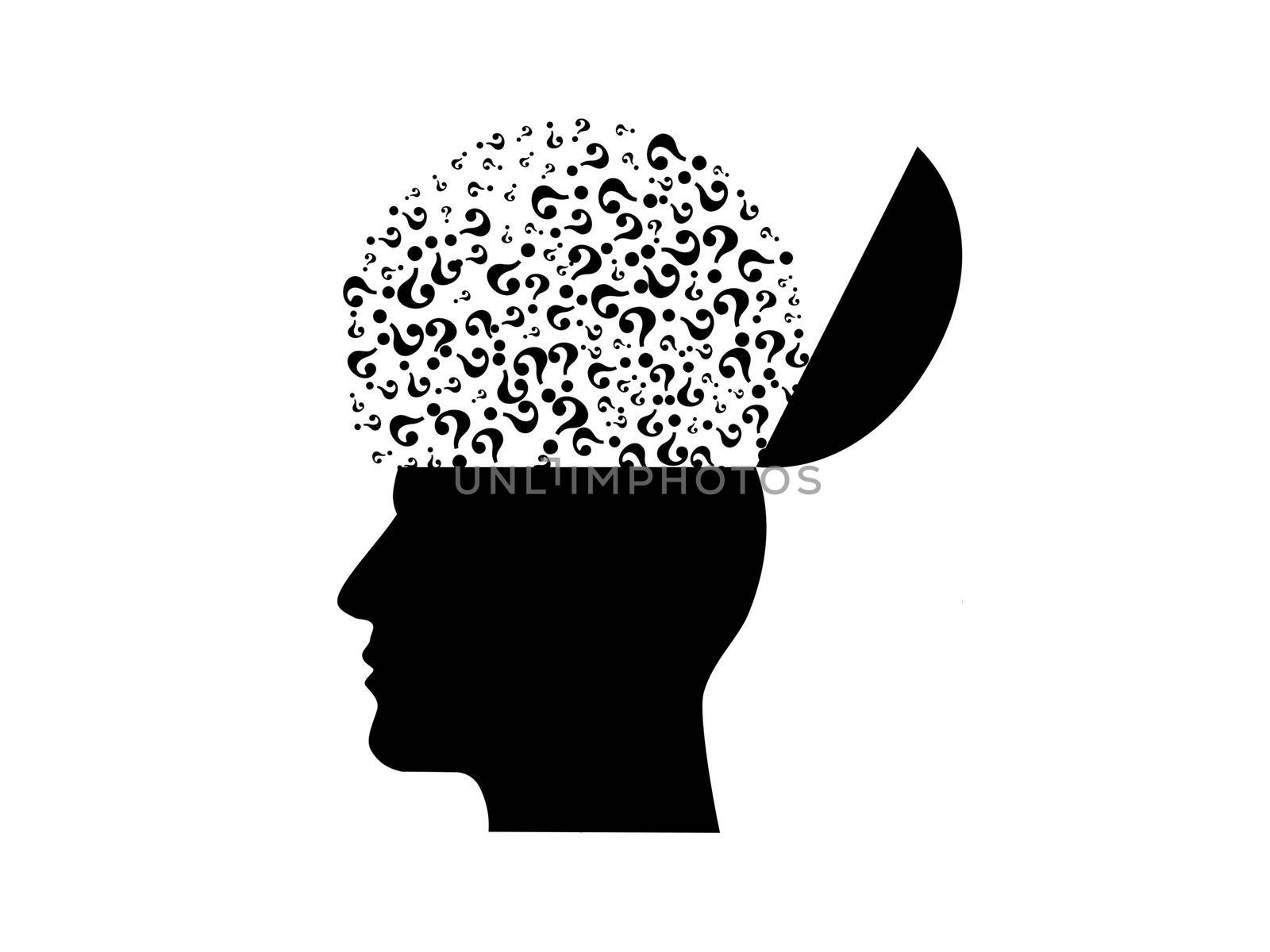 several questions about black the brain on white background - 3d rendering