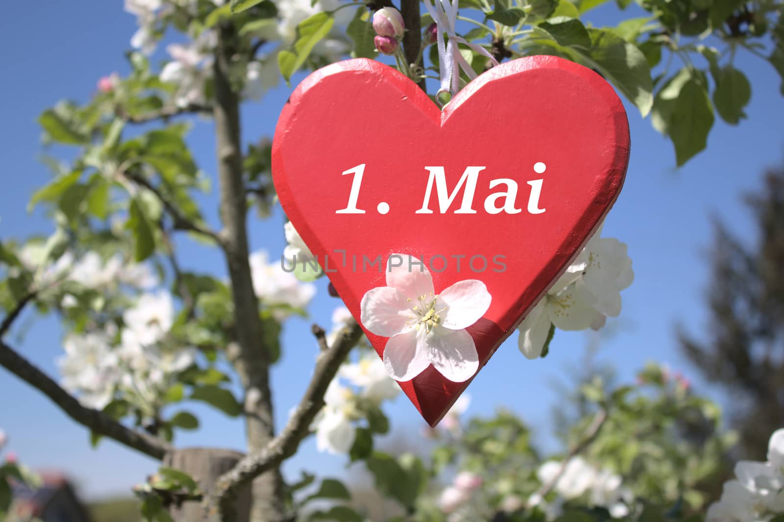 The picture shows may day decoration with a red wooden heart and the german text 1st of may