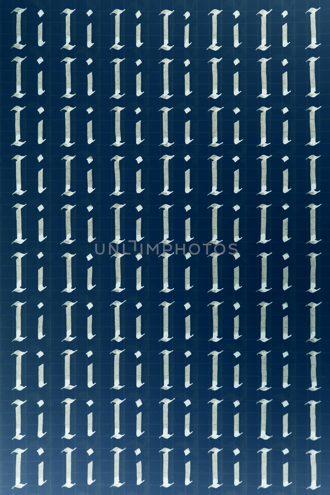 Calligraphic white on dark blue letter I learning skills paper page. Calligraphy letters i background. Lettering practice writing worksheet. Handwriting symbol filling pattern.