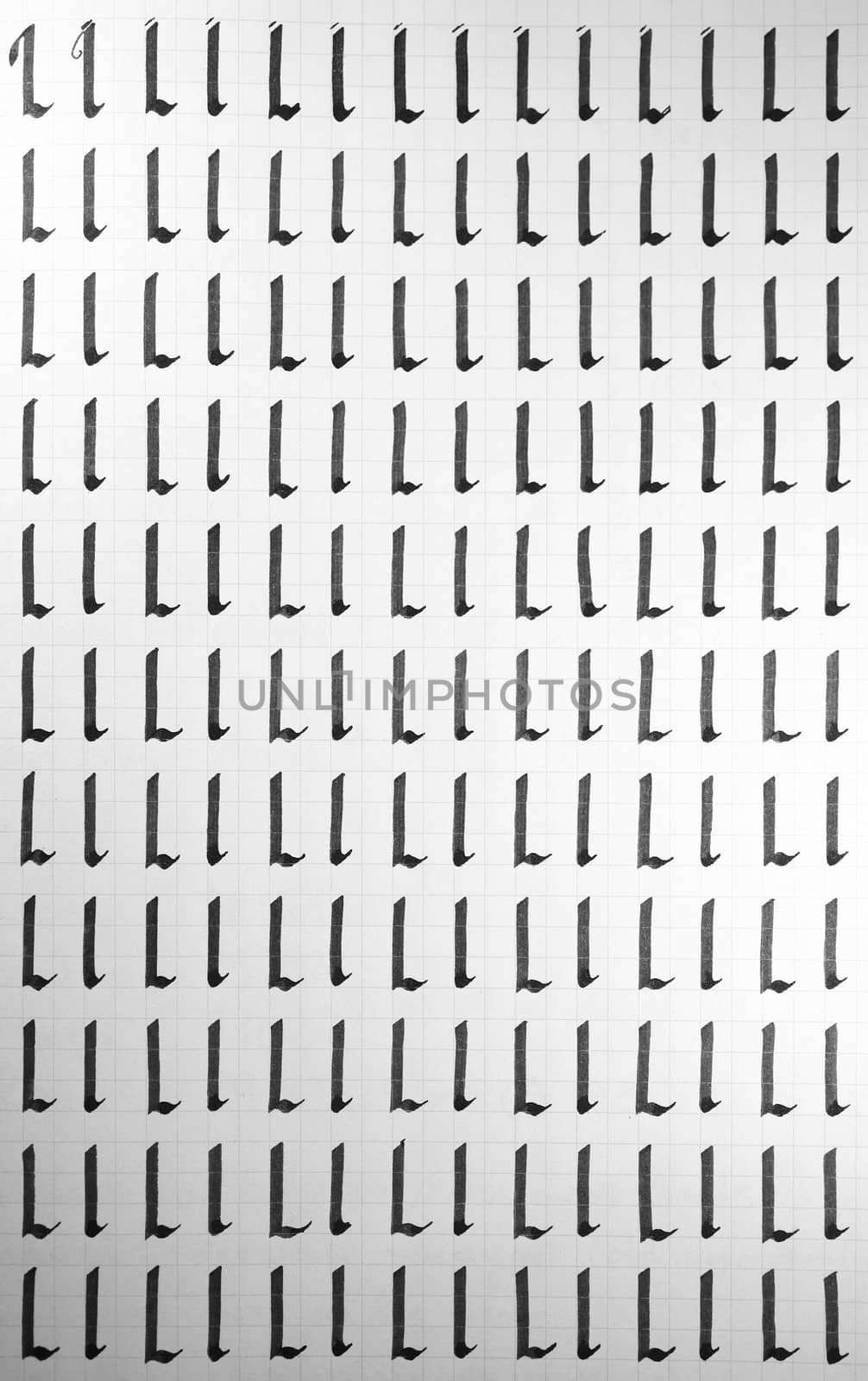 Calligraphy black and white letters L background. Lettering practice writing worksheet. Handwriting symbol filling pattern. Calligraphic letter l learning skills paper page.
