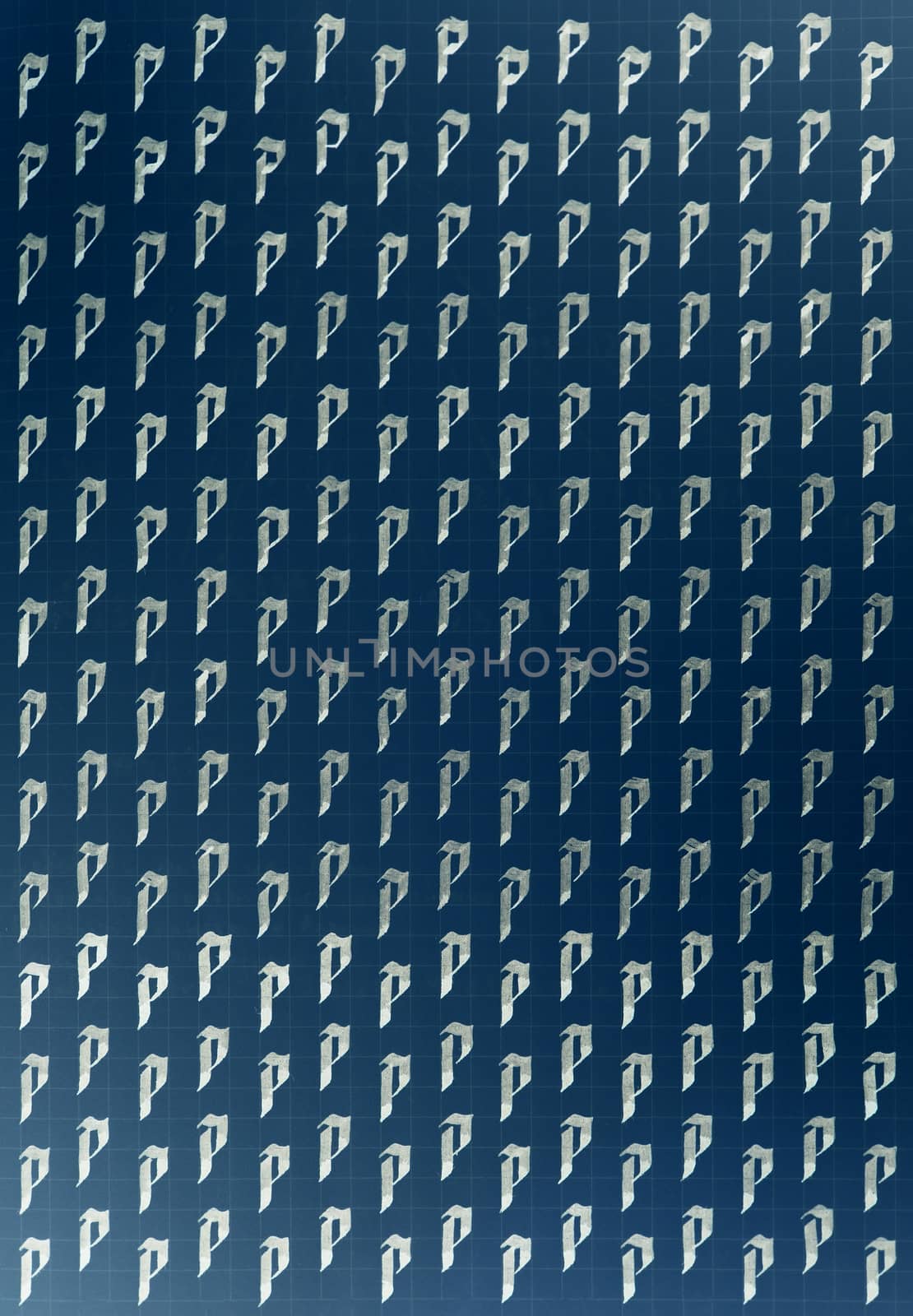 Calligraphic white on dark blue letter P learning skills paper page. Calligraphy letters p background. Lettering practice writing worksheet. Handwriting symbol filling pattern.
