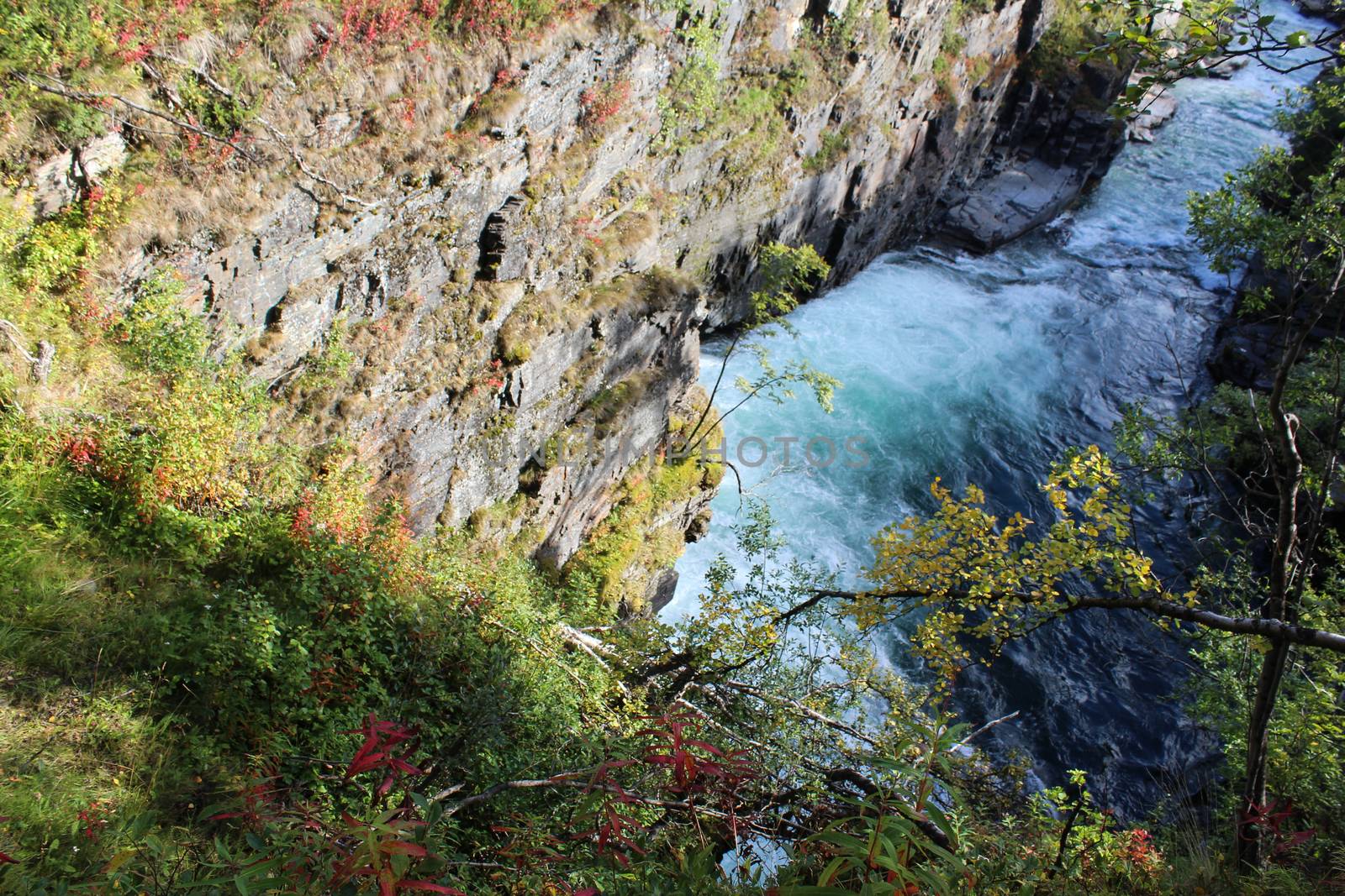 Overview of Kungsleden river in the arctic tundra. Abisko national park, Nothern Sweden