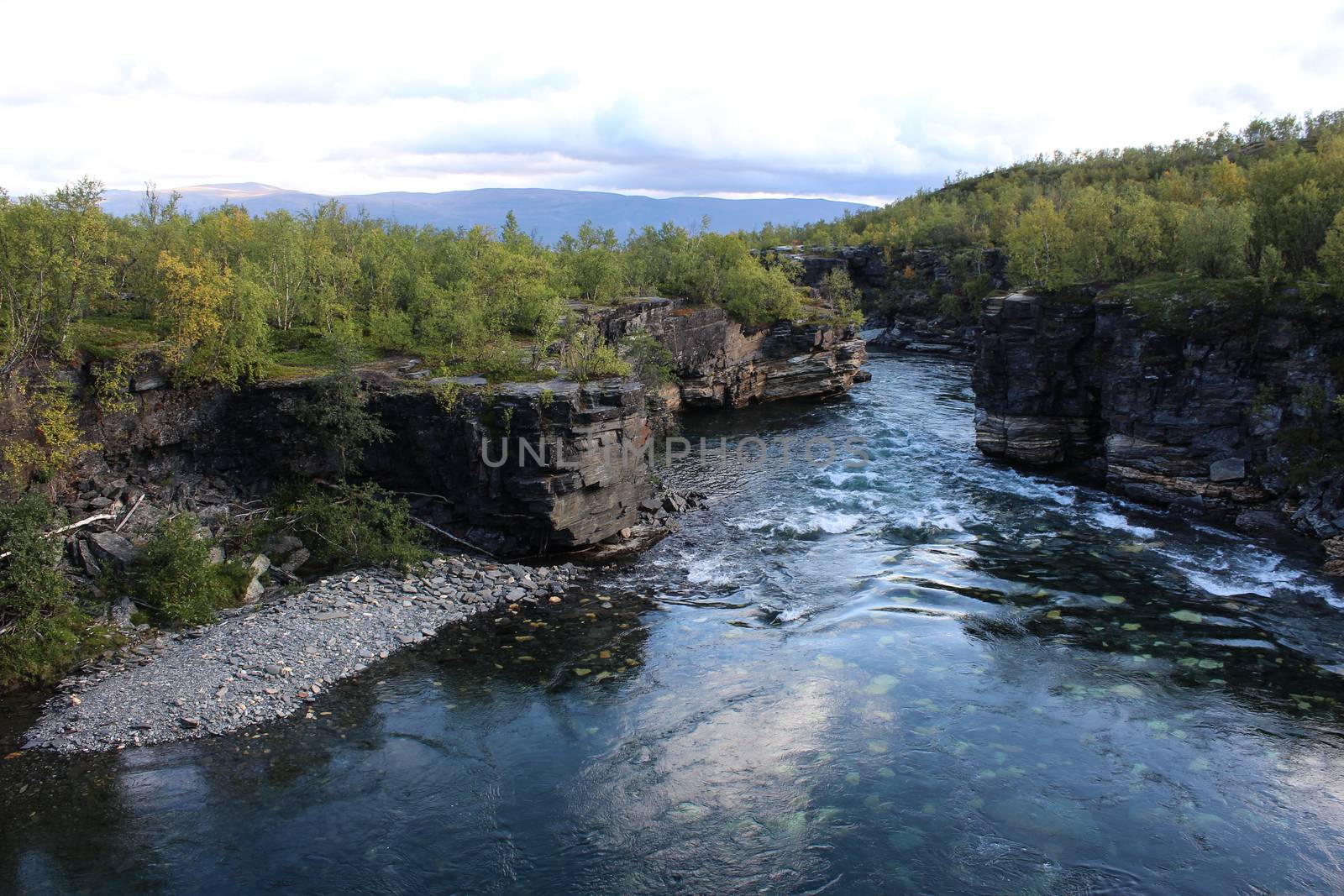 Overview of Kungsleden river in the arctic tundra. Abisko national park, Nothern Sweden