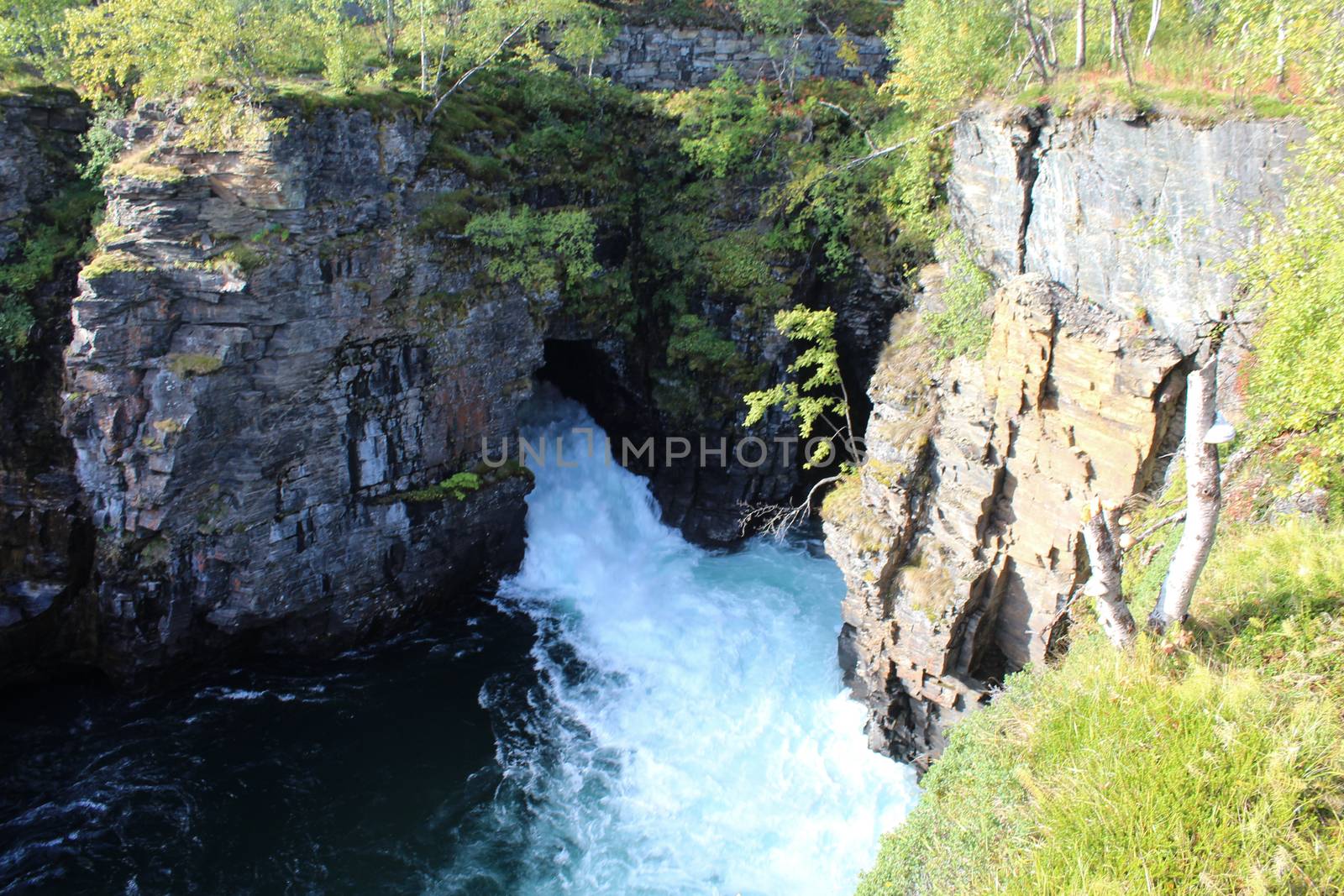 Overview of Kungsleden river in the arctic tundra. Abisko national park, Nothern Sweden