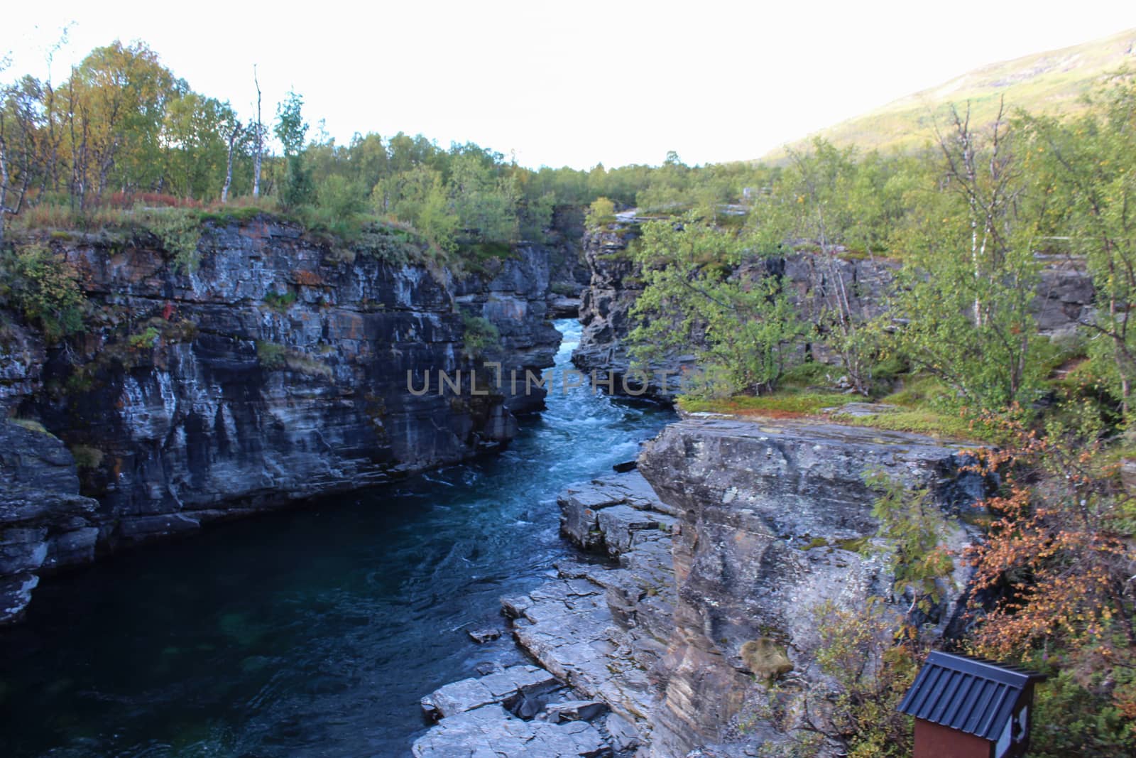 Overview of Kungsleden river in the arctic tundra. Abisko national park, Nothern Sweden