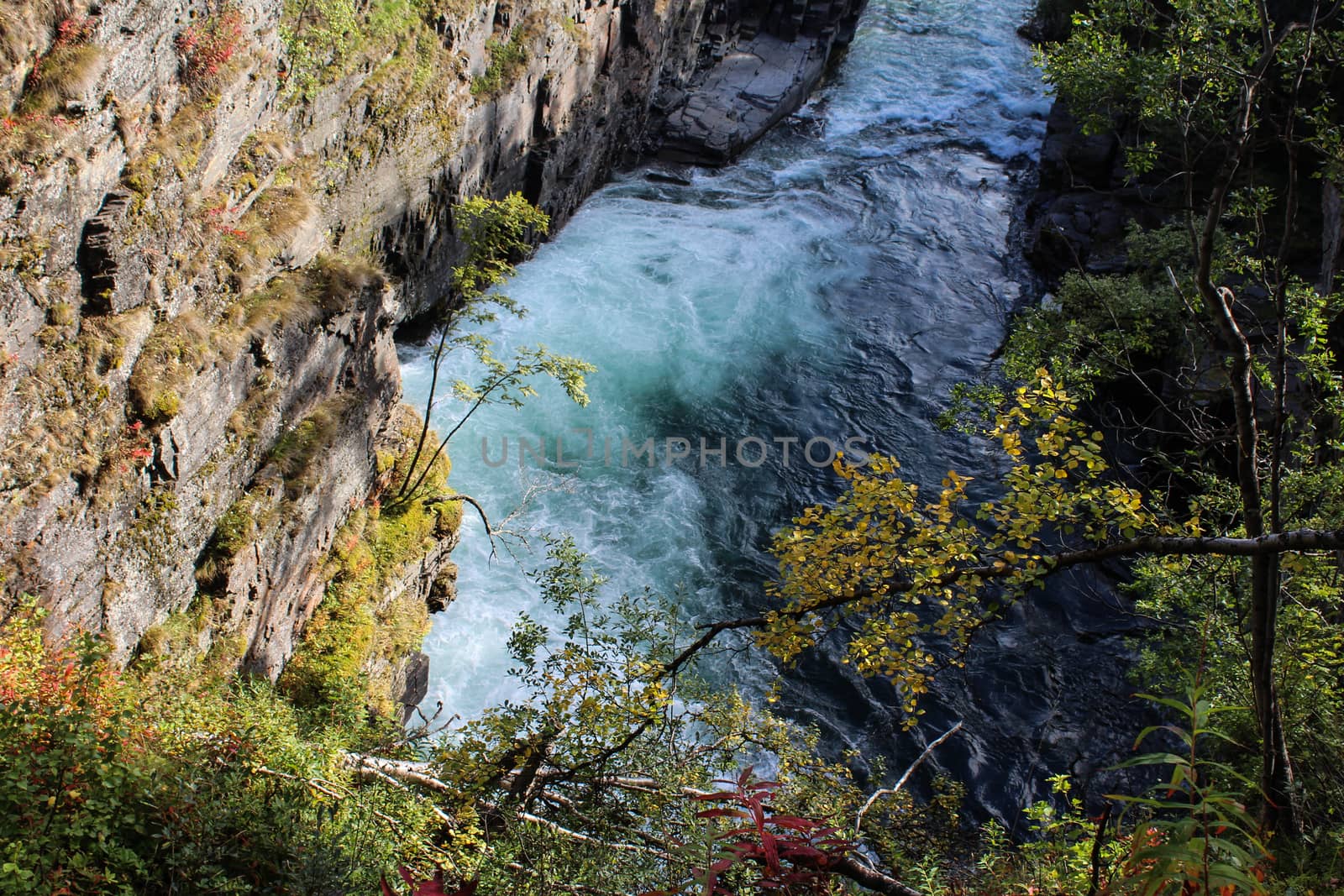 Overview of Kungsleden river in the arctic tundra. Abisko national park, Nothern Sweden