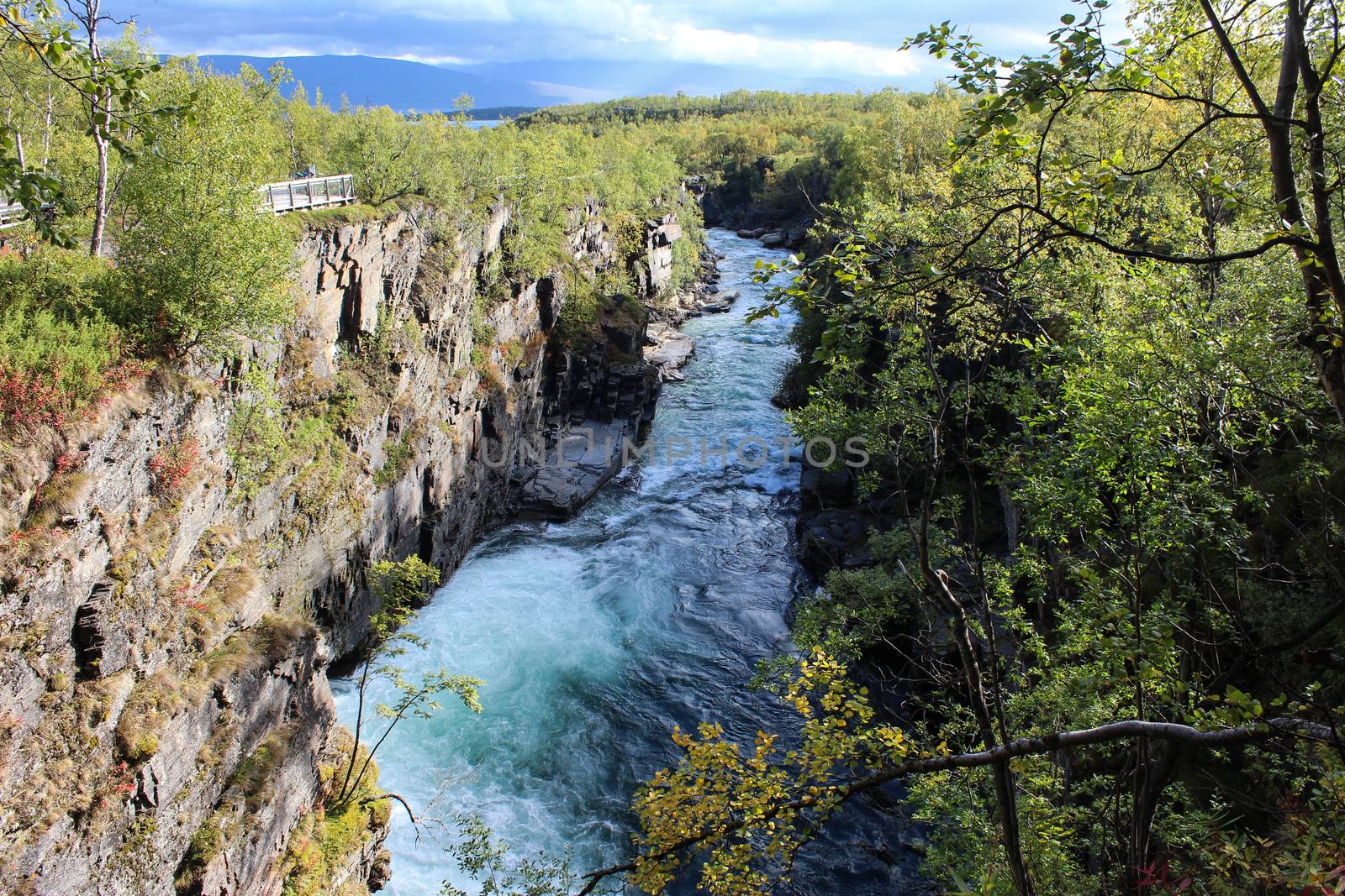 Overview of Kungsleden river in the arctic tundra. Abisko national park, Nothern Sweden