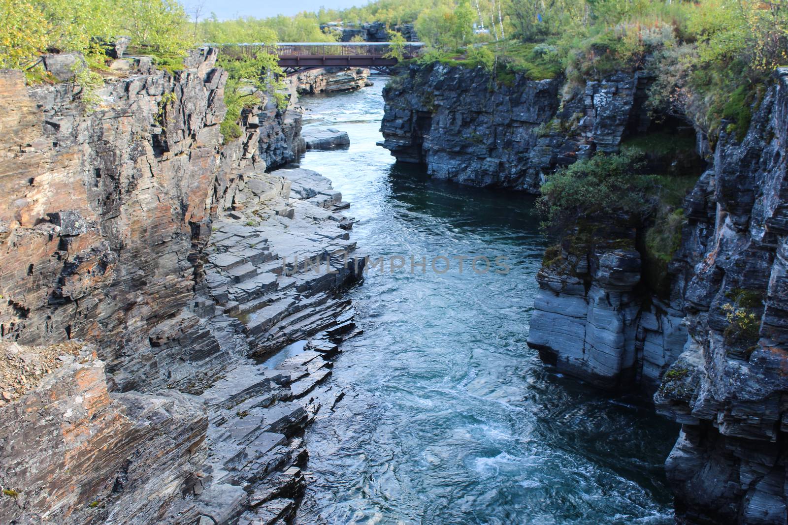 Overview of Kungsleden river in the arctic tundra. Abisko national park, Nothern Sweden