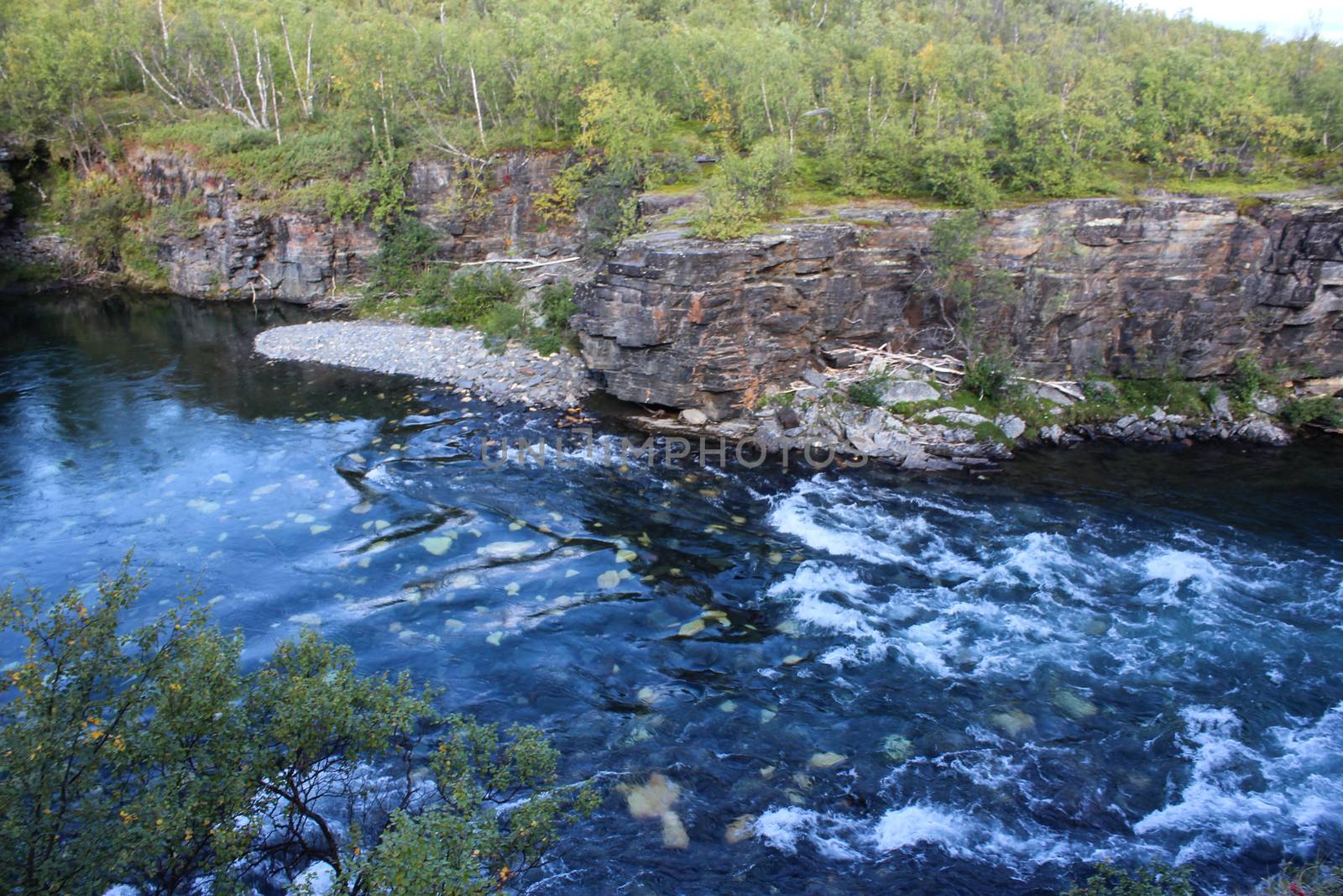 Overview of Kungsleden river in the arctic tundra. Abisko national park, Nothern Sweden