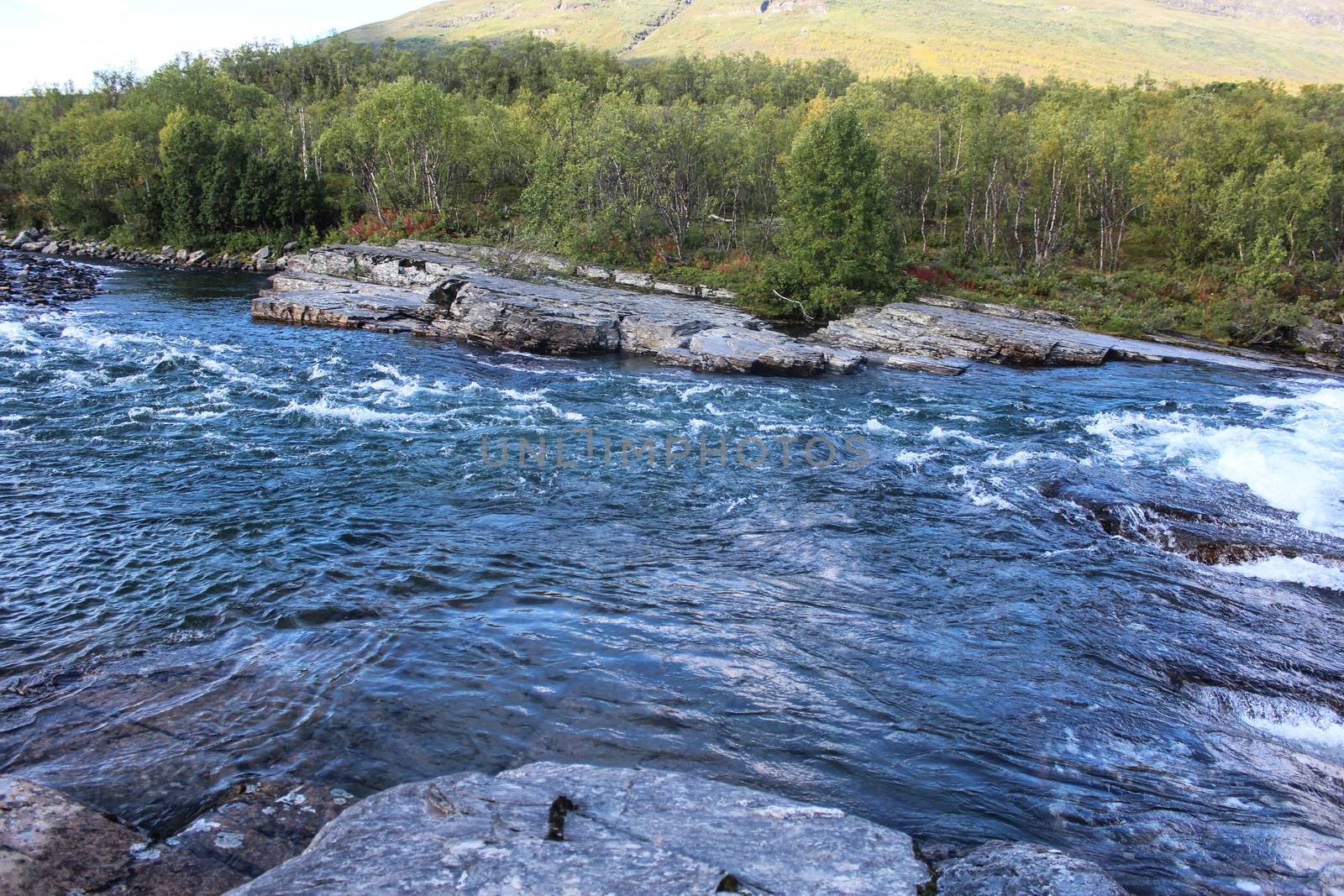 Overview of Kungsleden river in the arctic tundra. Abisko national park, Nothern Sweden