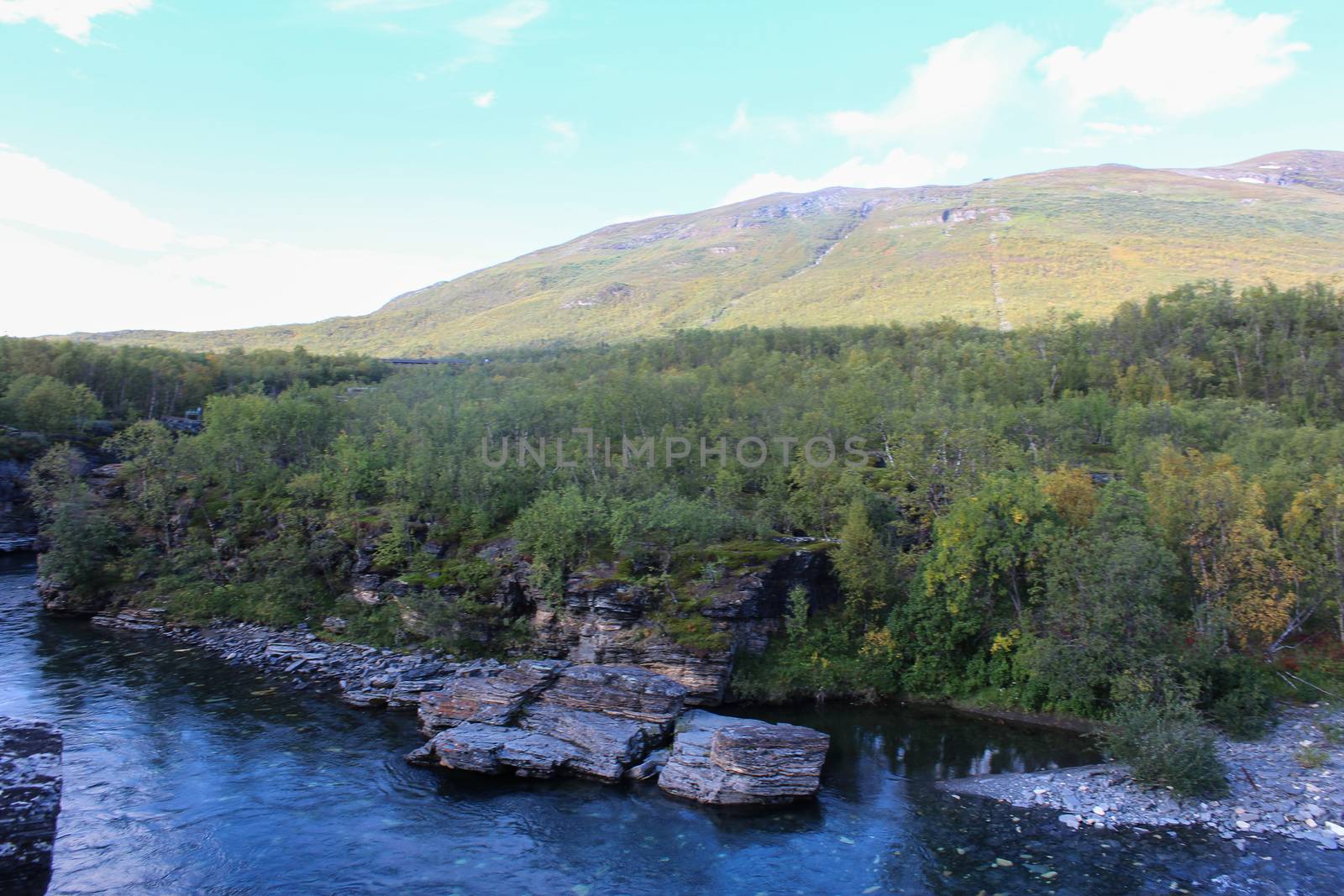 Overview of Kungsleden river in the arctic tundra. Abisko national park, Nothern Sweden
