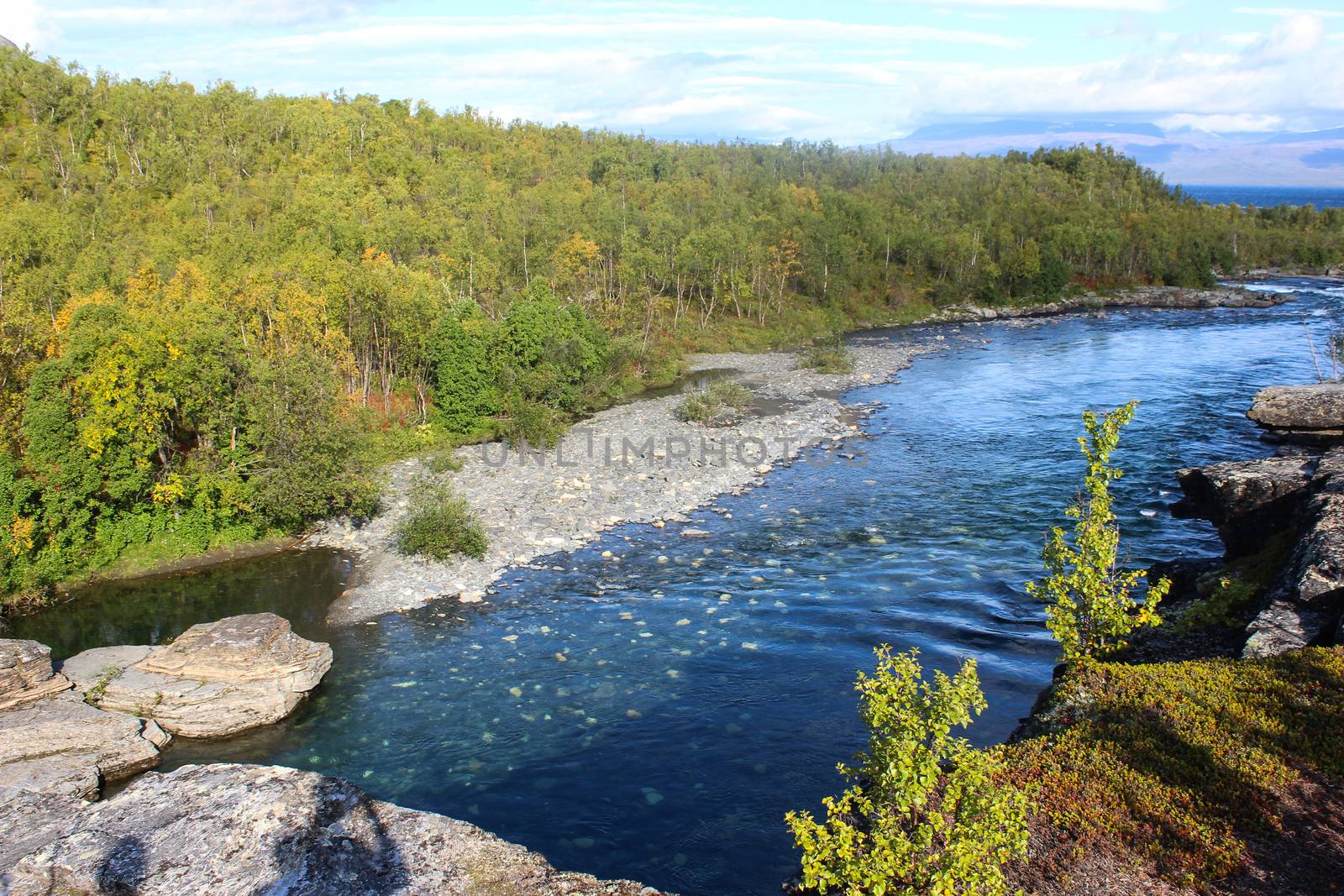 Overview of Kungsleden river in the arctic tundra. Abisko national park, Nothern Sweden