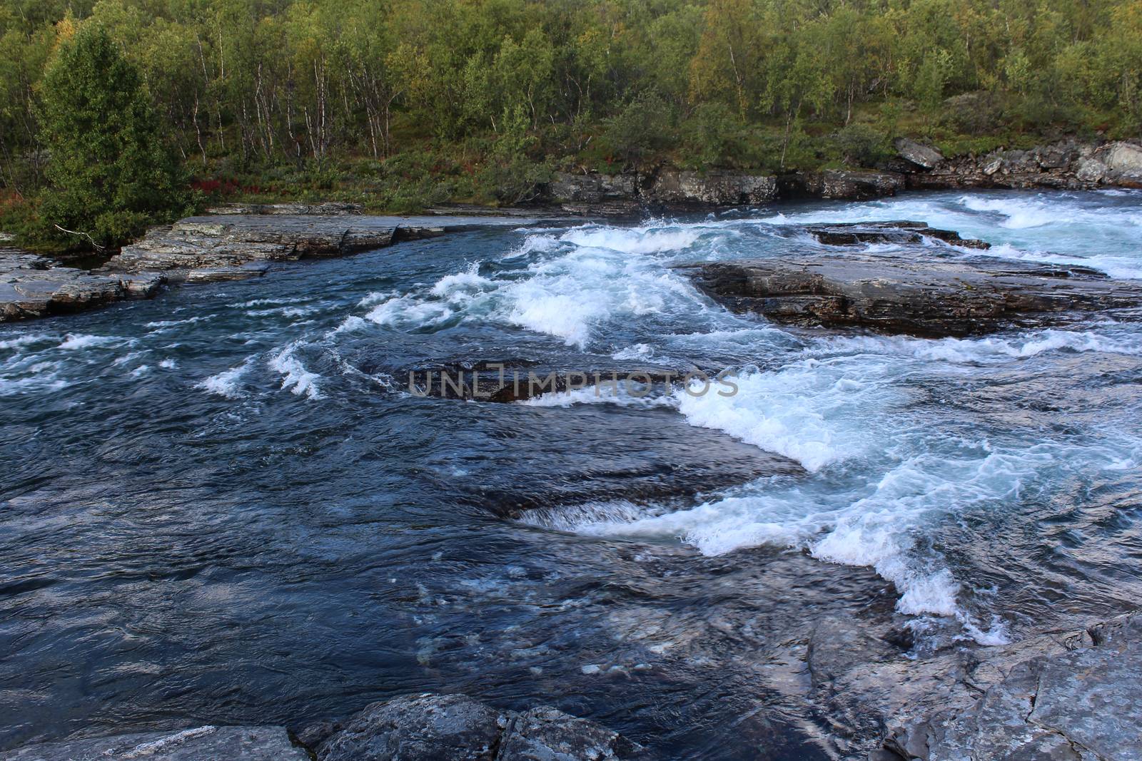 Overview of Kungsleden river in the arctic tundra. Abisko national park, Nothern Sweden